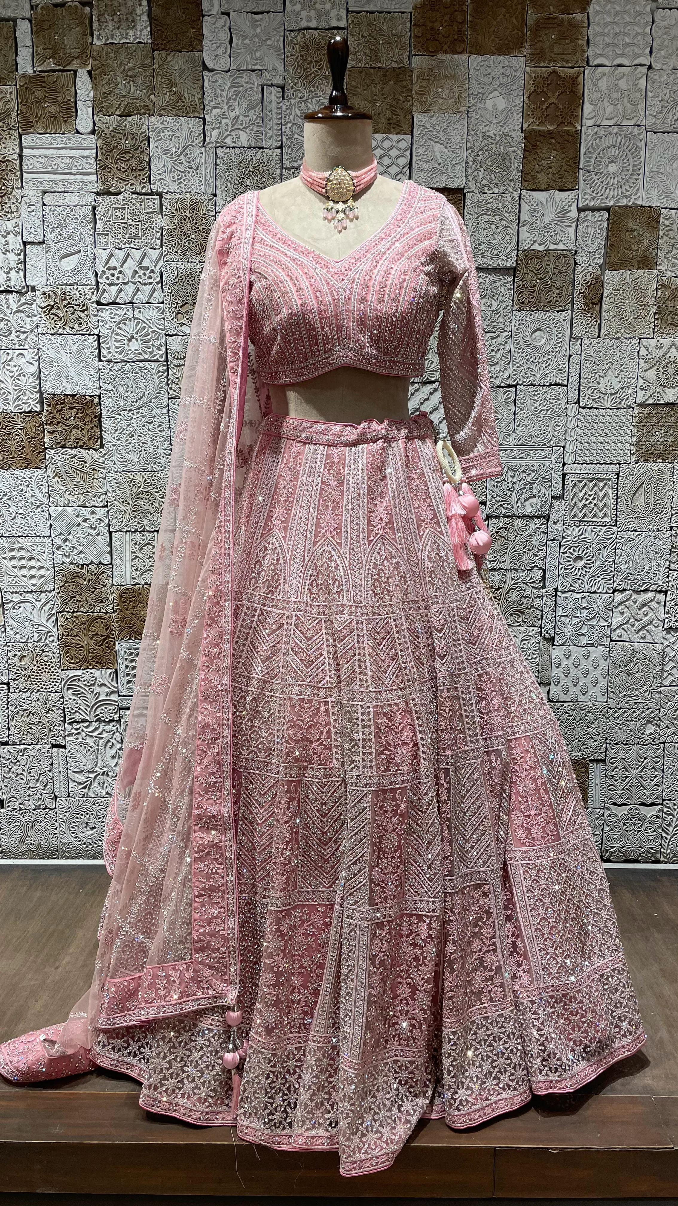 Pink Net Lehenga with Rhinestone & Sequin Embellishments