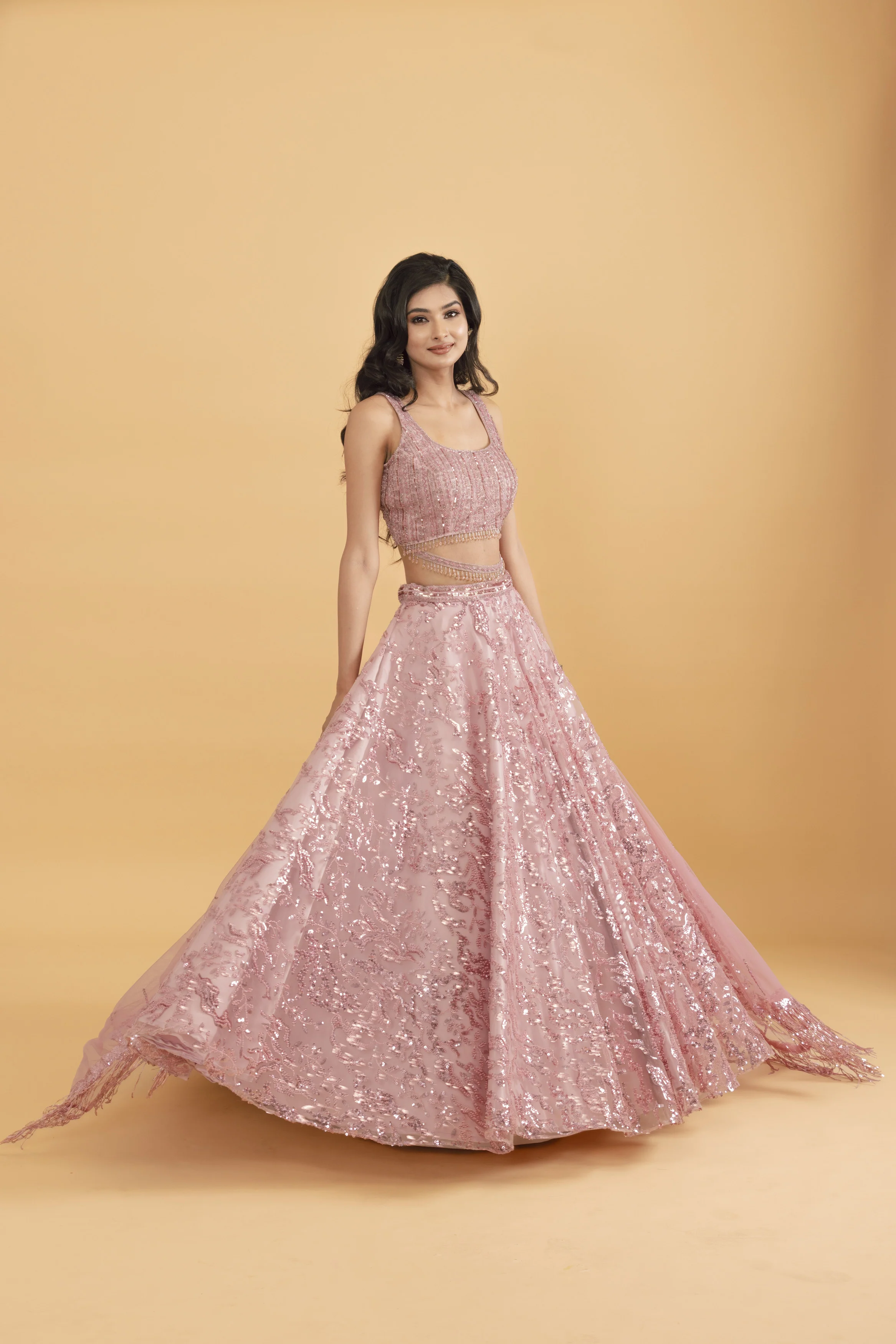 Pink Net Lehenga with Sequins & Pot Embellishments