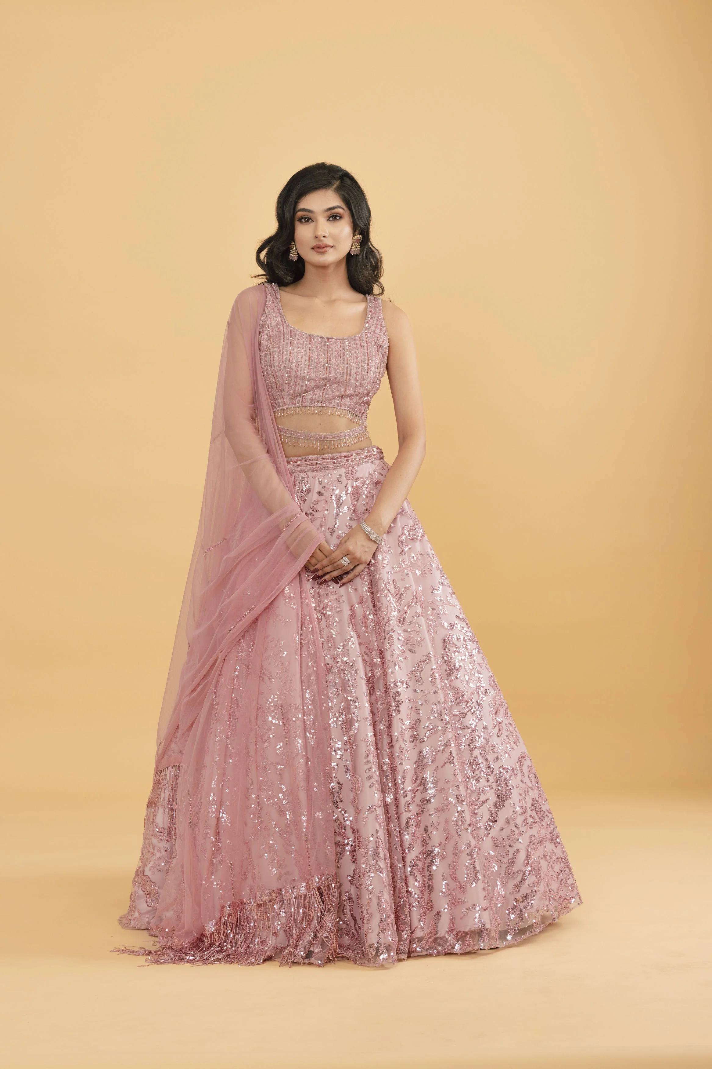 Pink Net Lehenga with Sequins & Pot Embellishments - Image 3
