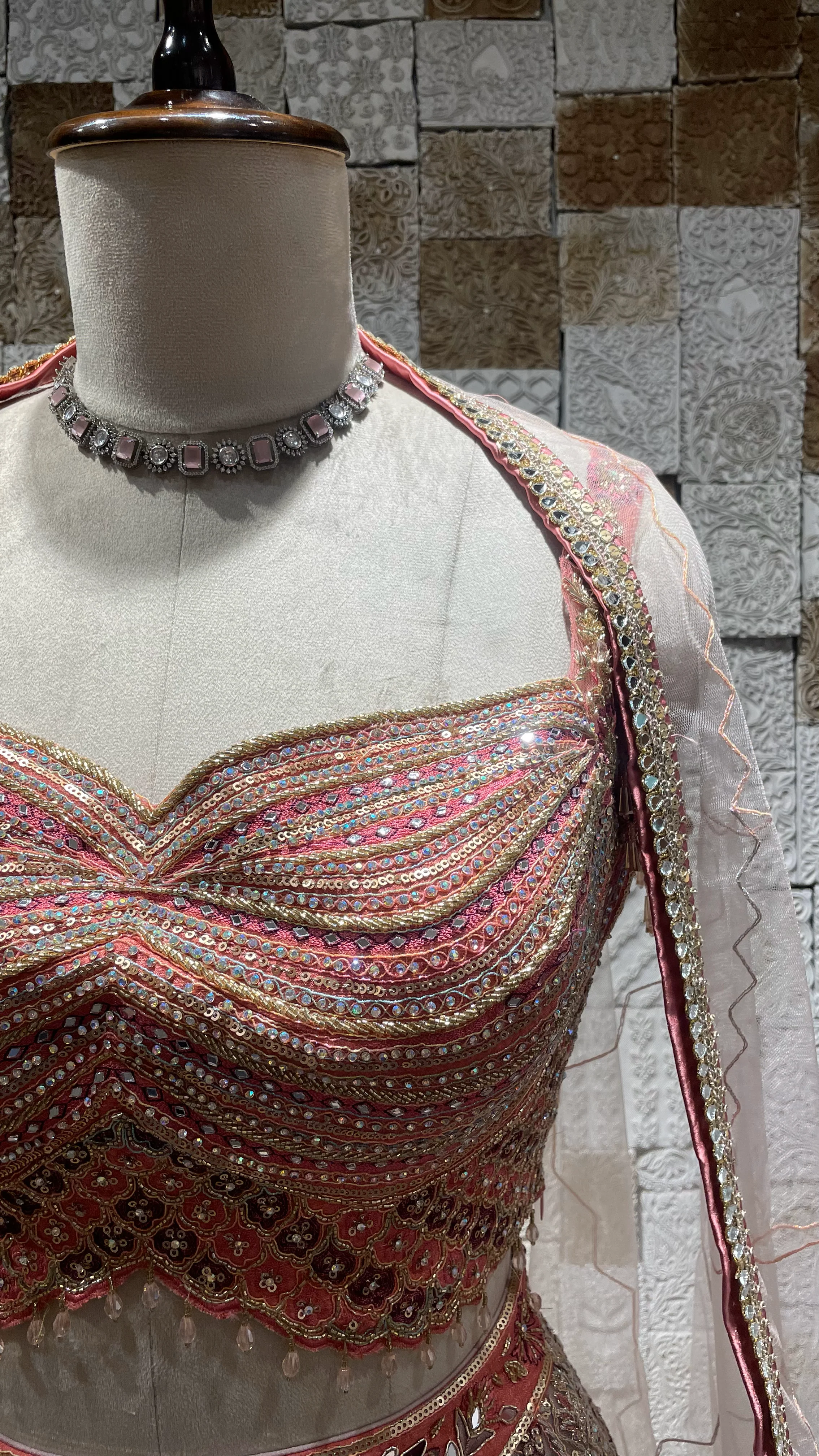 Pink Net Lehenga with Gold Zariwork, Rhinestones & Tassel Blouse - Image 2