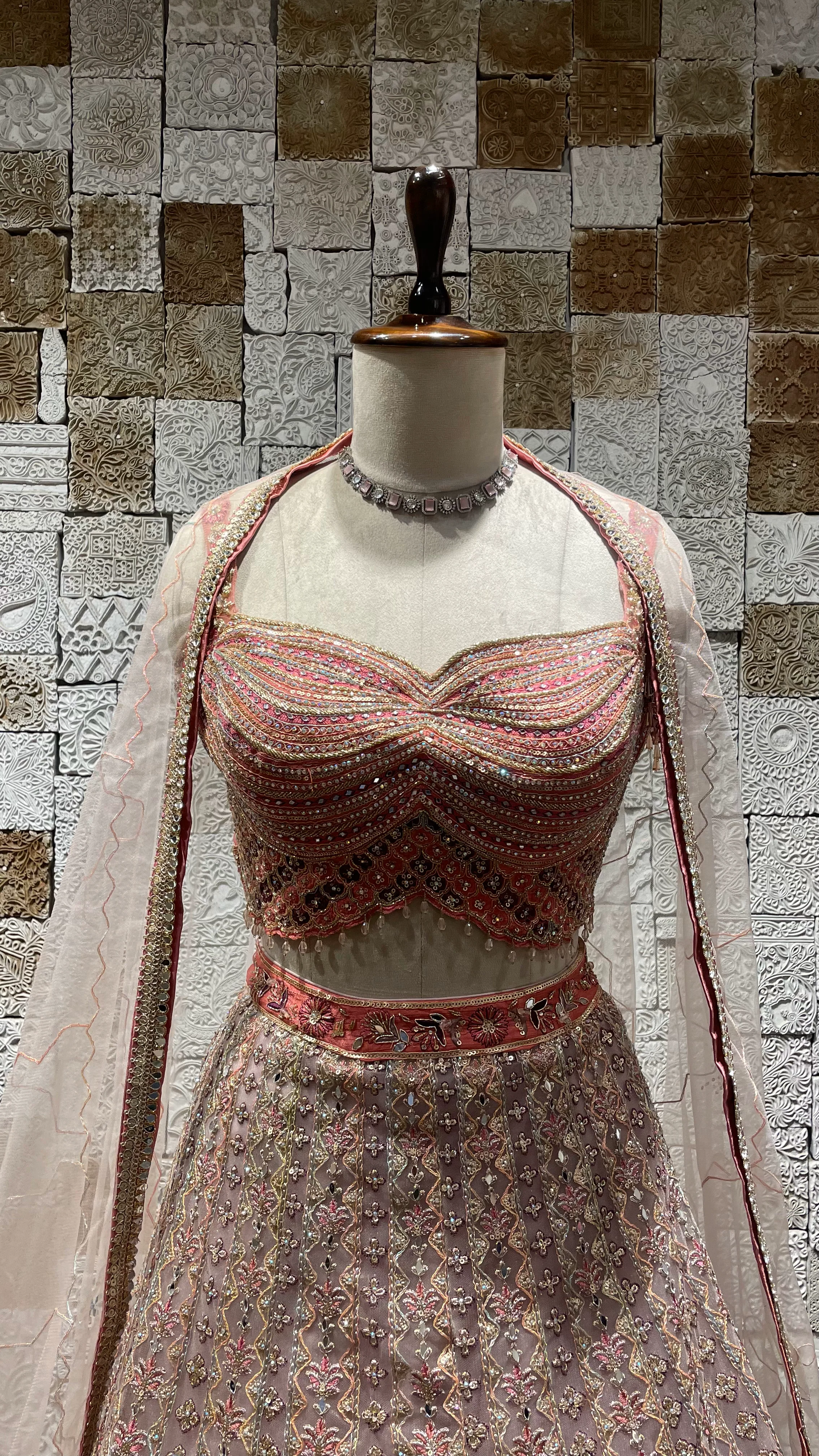 Pink Net Lehenga with Gold Zariwork, Rhinestones & Tassel Blouse - Image 3