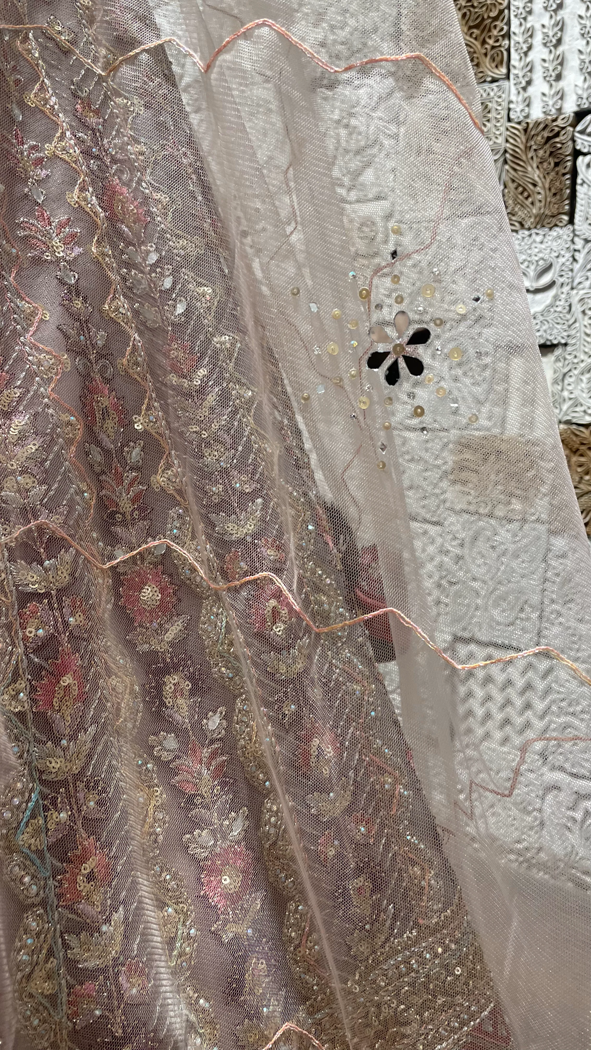Pink Net Lehenga with Gold Zariwork, Rhinestones & Tassel Blouse - Image 4