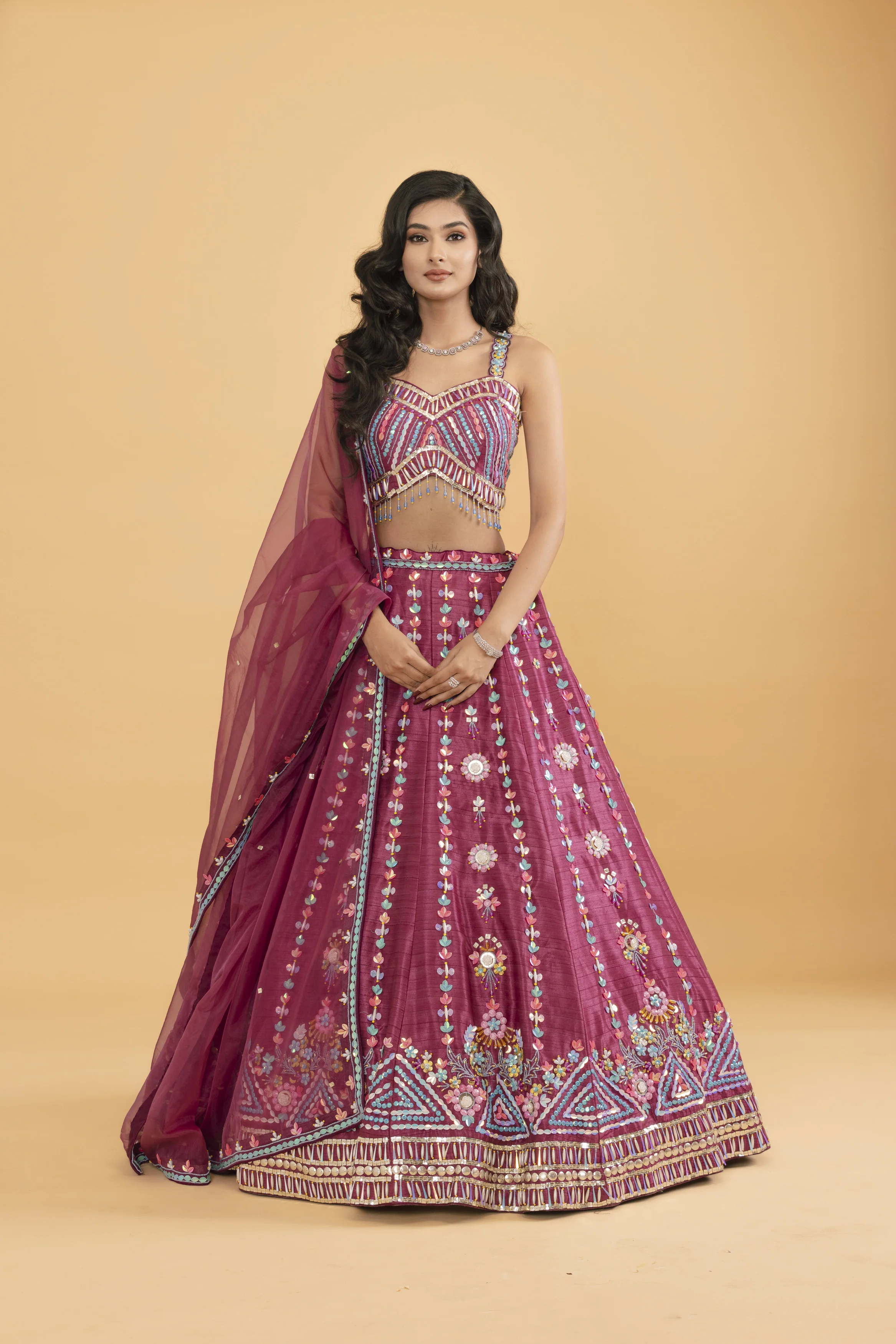 Pink Silk Lehenga with Multicoloured Sequins