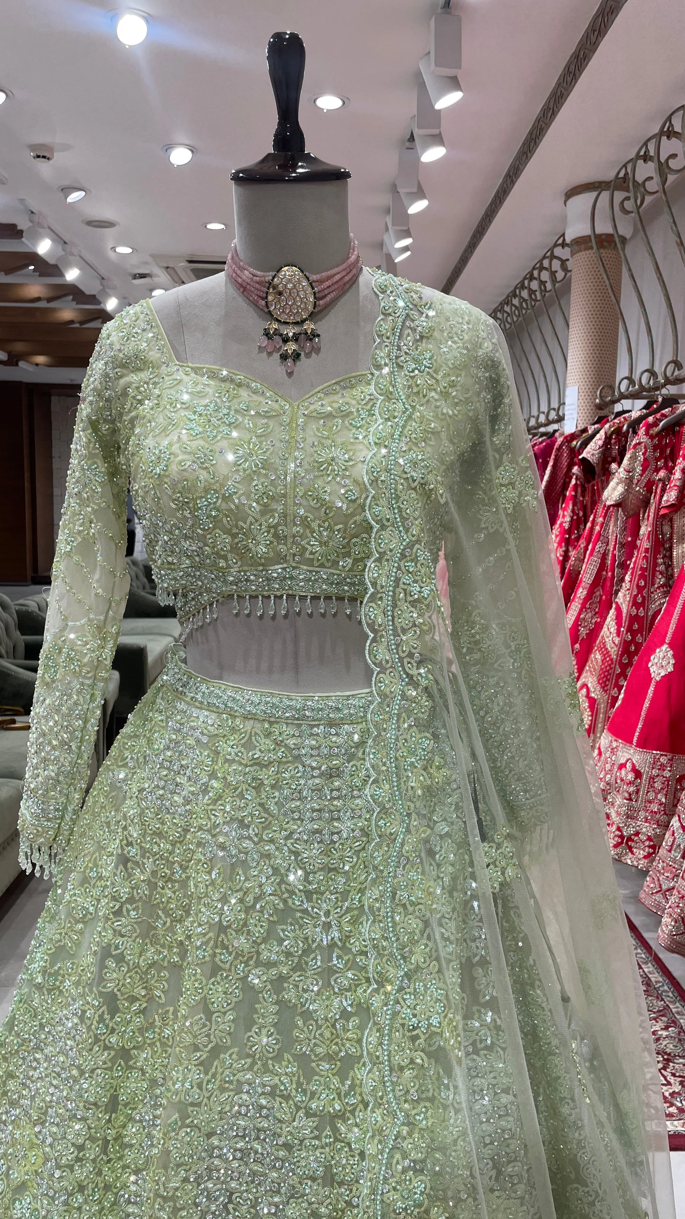 Pista Green Lehenga with Sequins & Pearlwork - Image 4