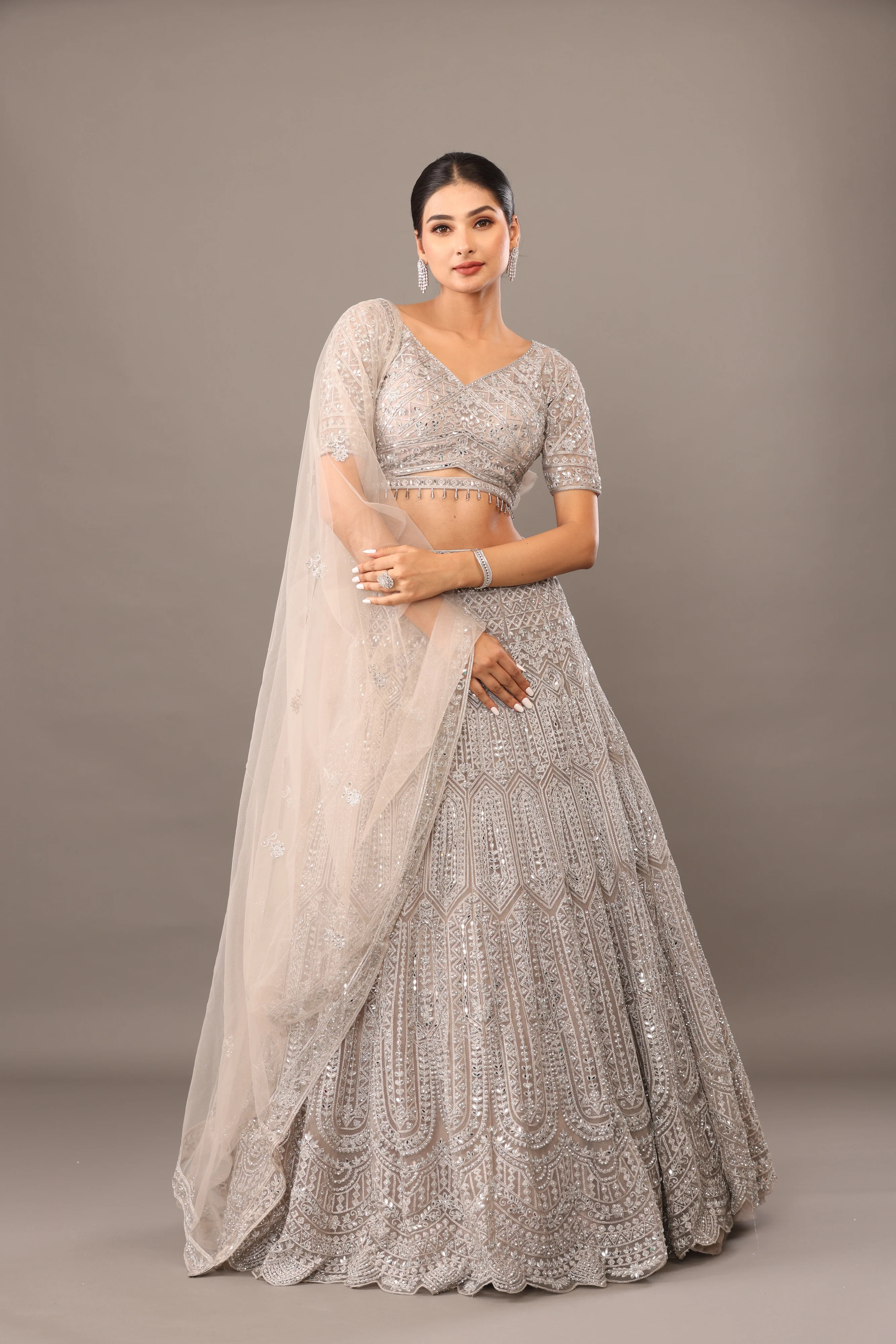 Powder grey net lehanga