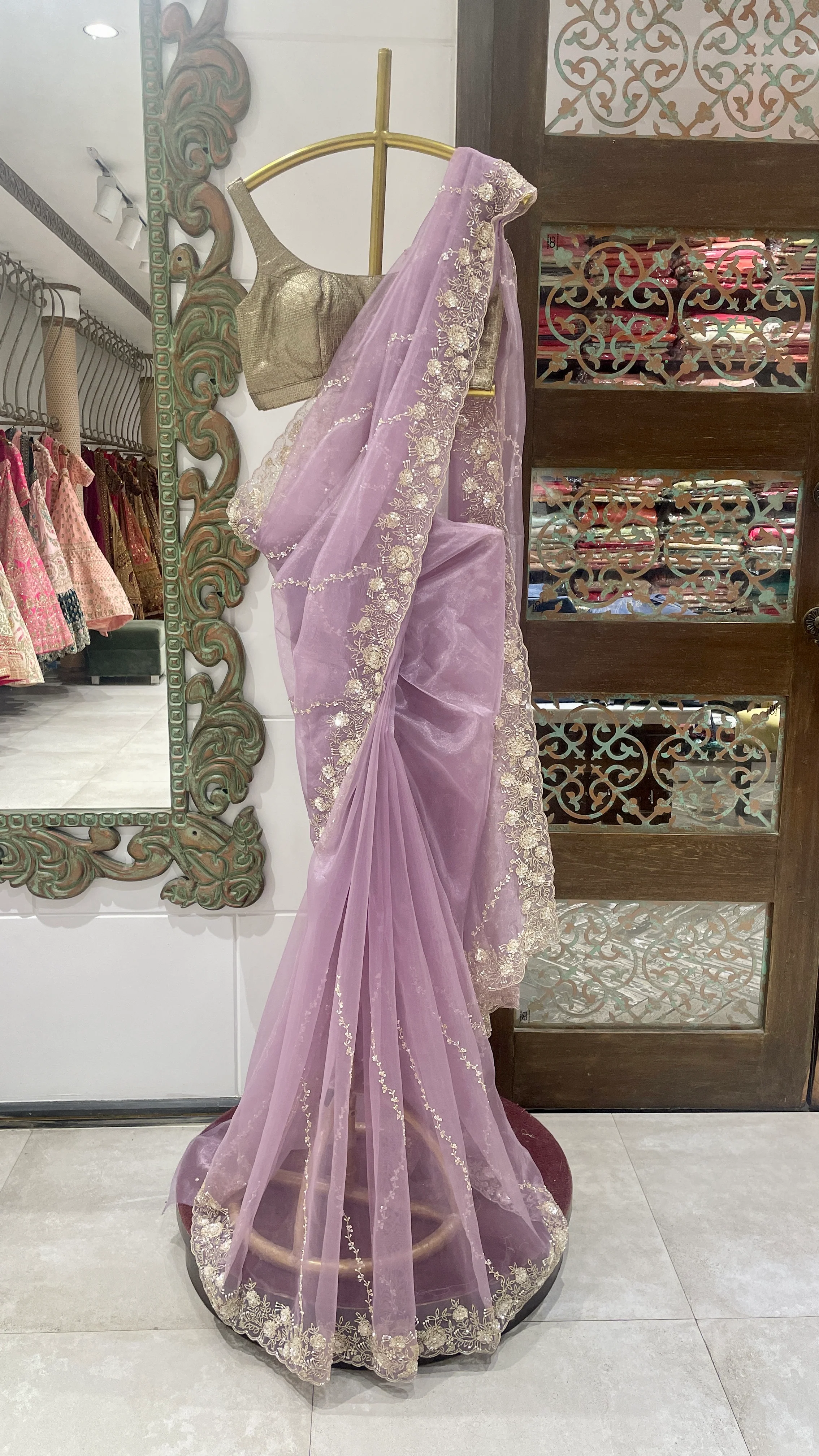 Purple  Saree with Golden Embellished Border and Blouse