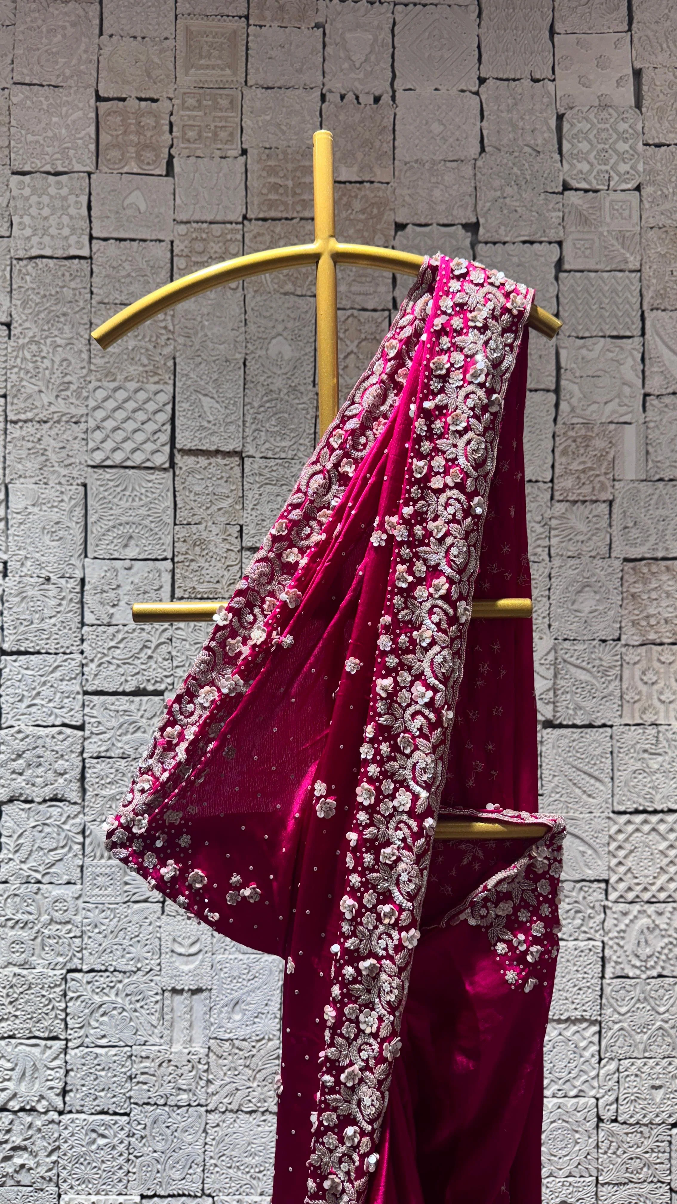 Rani Pink Saree with Heavy Floral Embroidered Border - Image 2