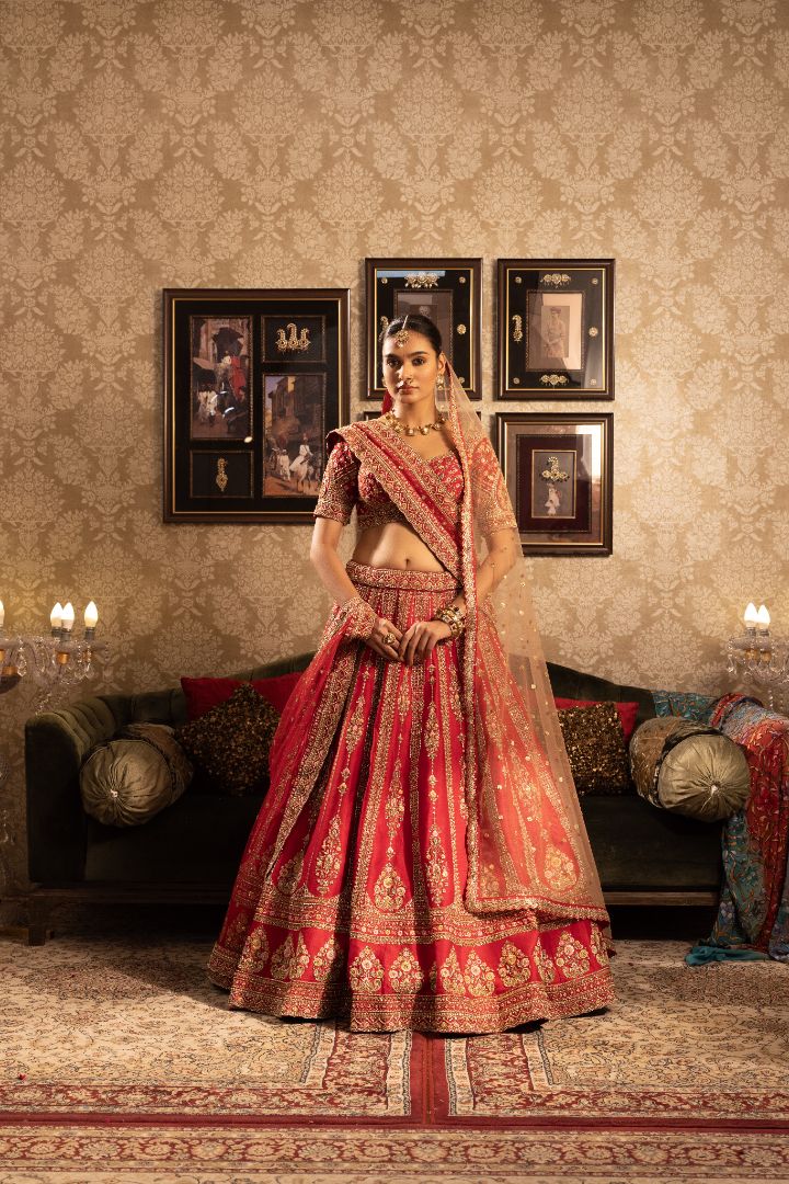 Red Bridal Lehenga - Handcrafted Silk Wedding Lehenga with Zari Embroidery