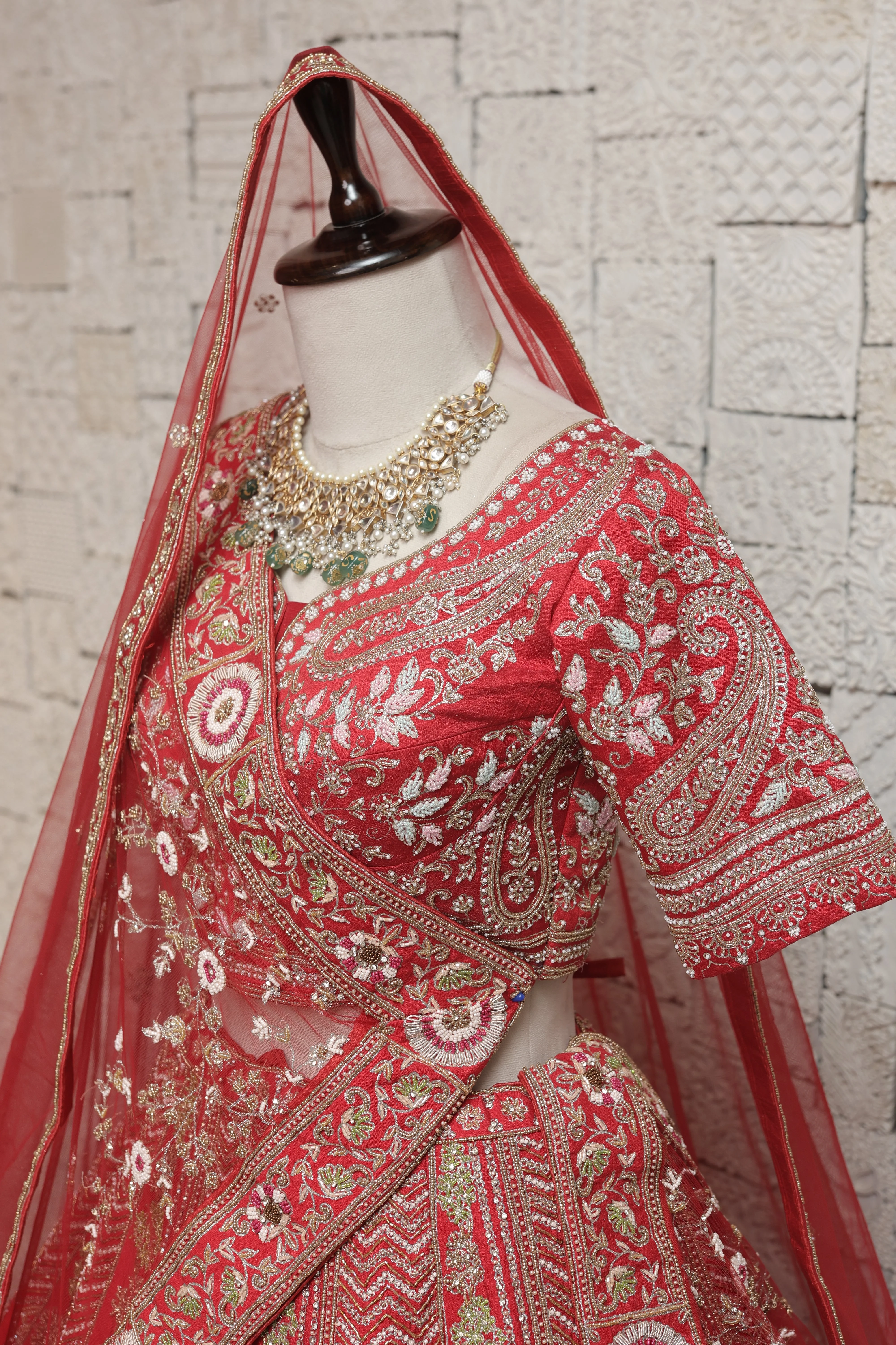 Red Bridal Lehenga with Royal Peacock Motifs & Heavy Zari Embroidery - Image 2