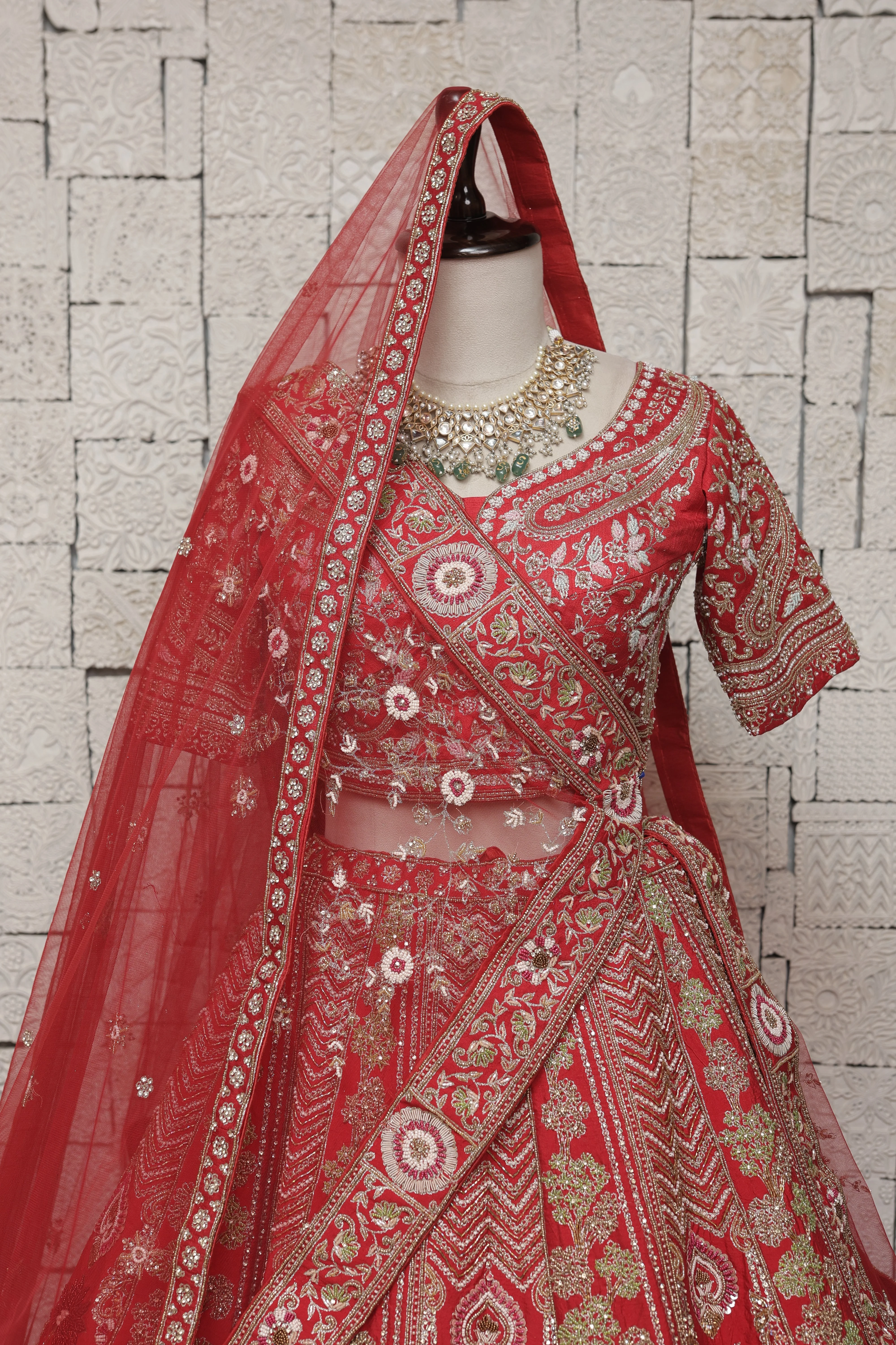 Red Bridal Lehenga with Royal Peacock Motifs & Heavy Zari Embroidery - Image 3
