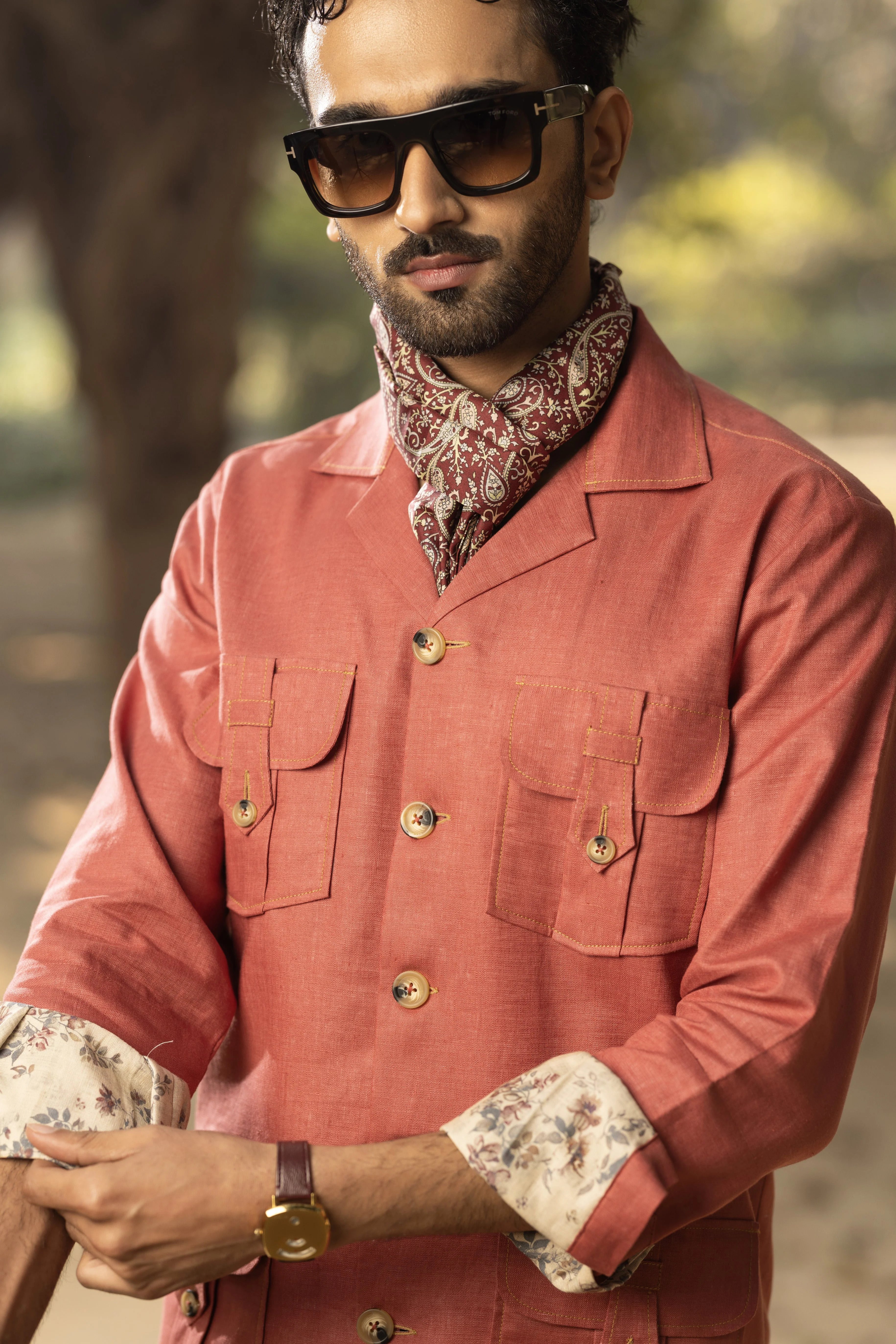Red Linen Safari Shirt for Men - Image 3
