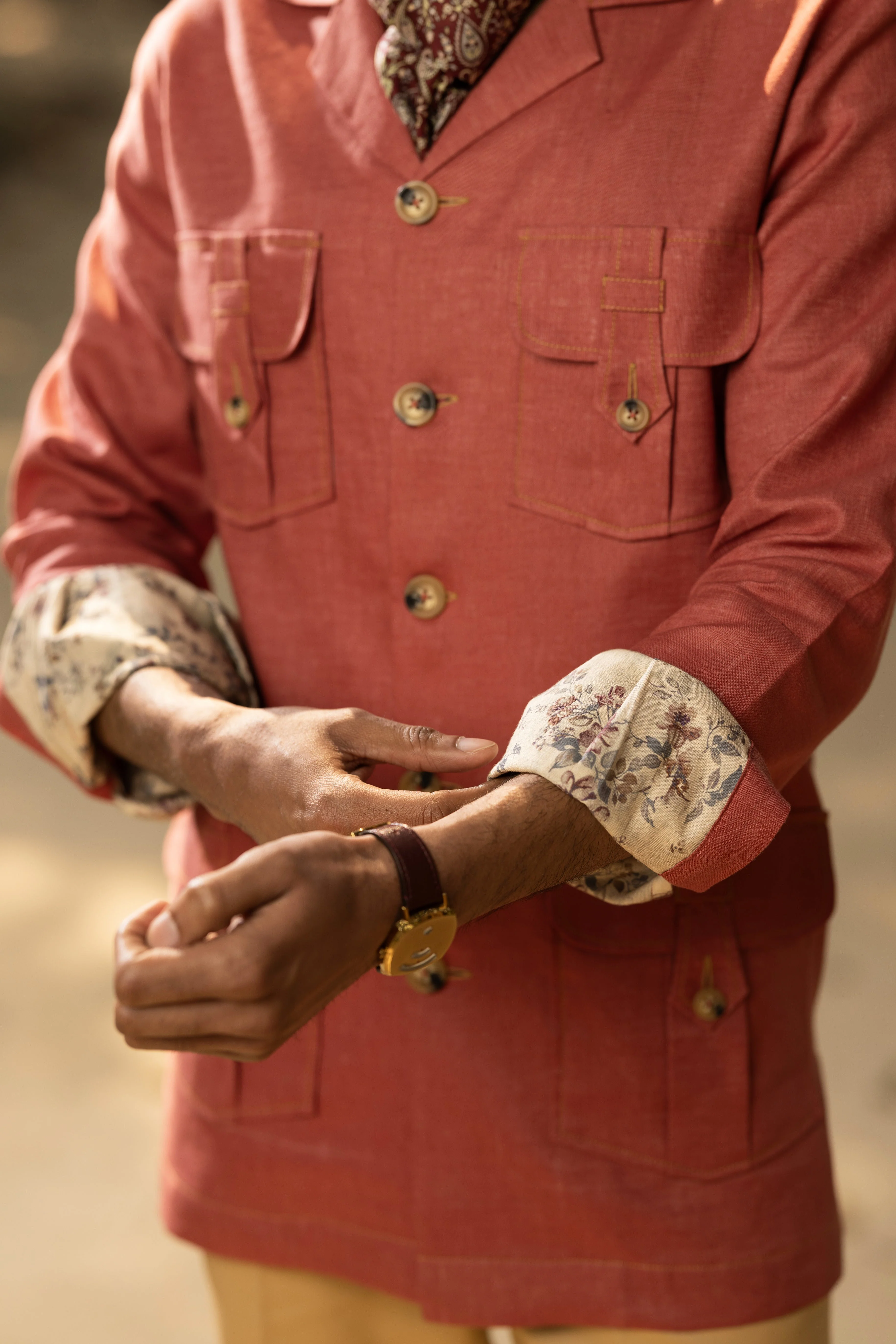 Red Linen Safari Shirt for Men - Image 4