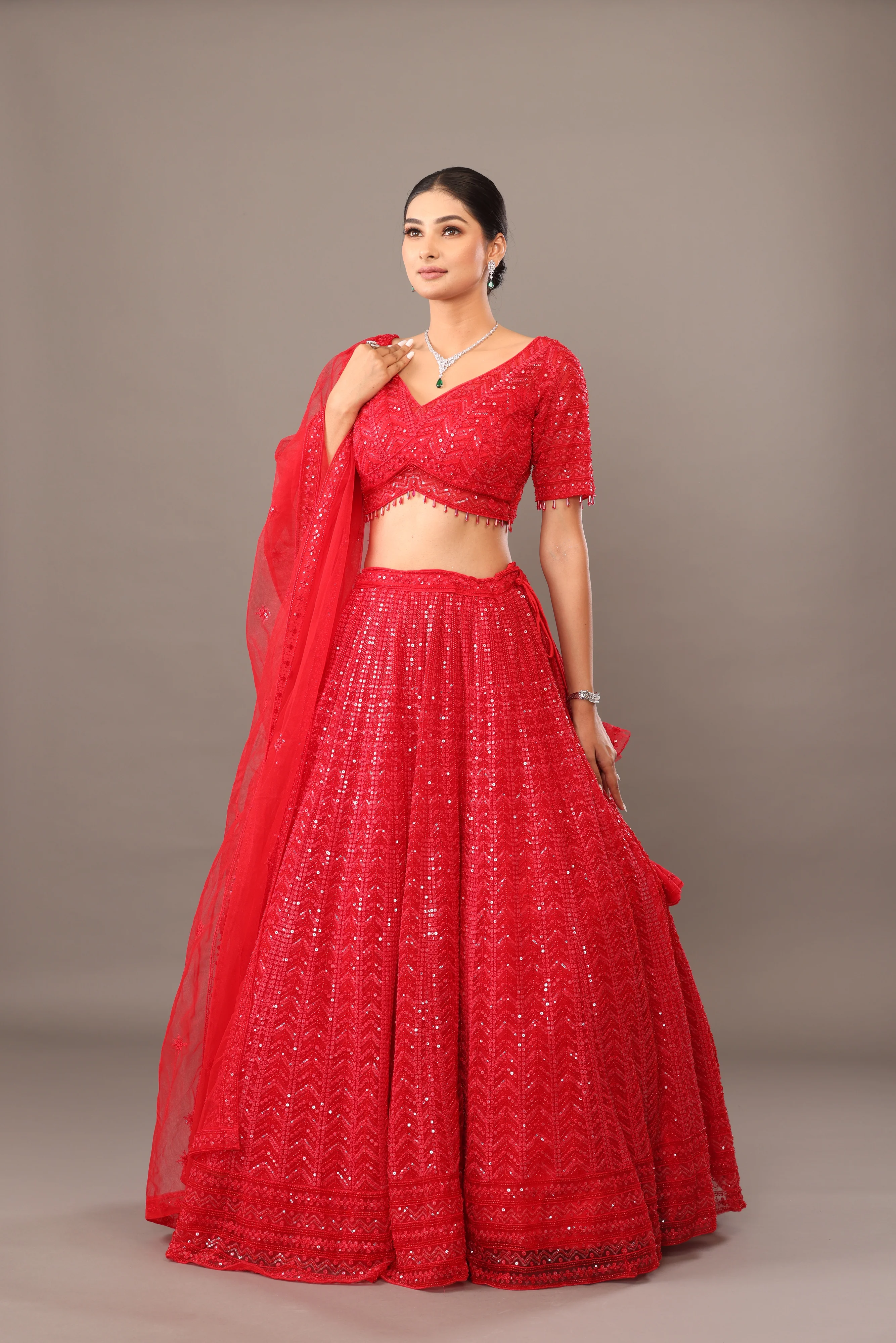 Red Net Lehenga with Heavy Work