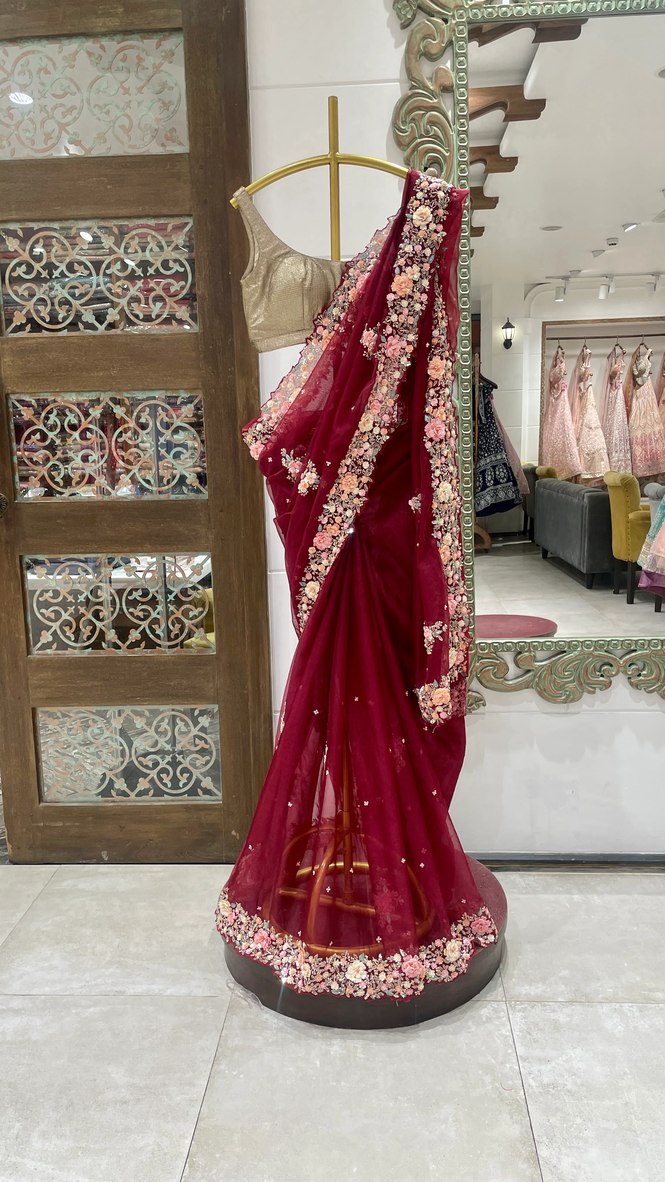 Red Saree with Heavy Floral Embroidered Border and Golden Blouse