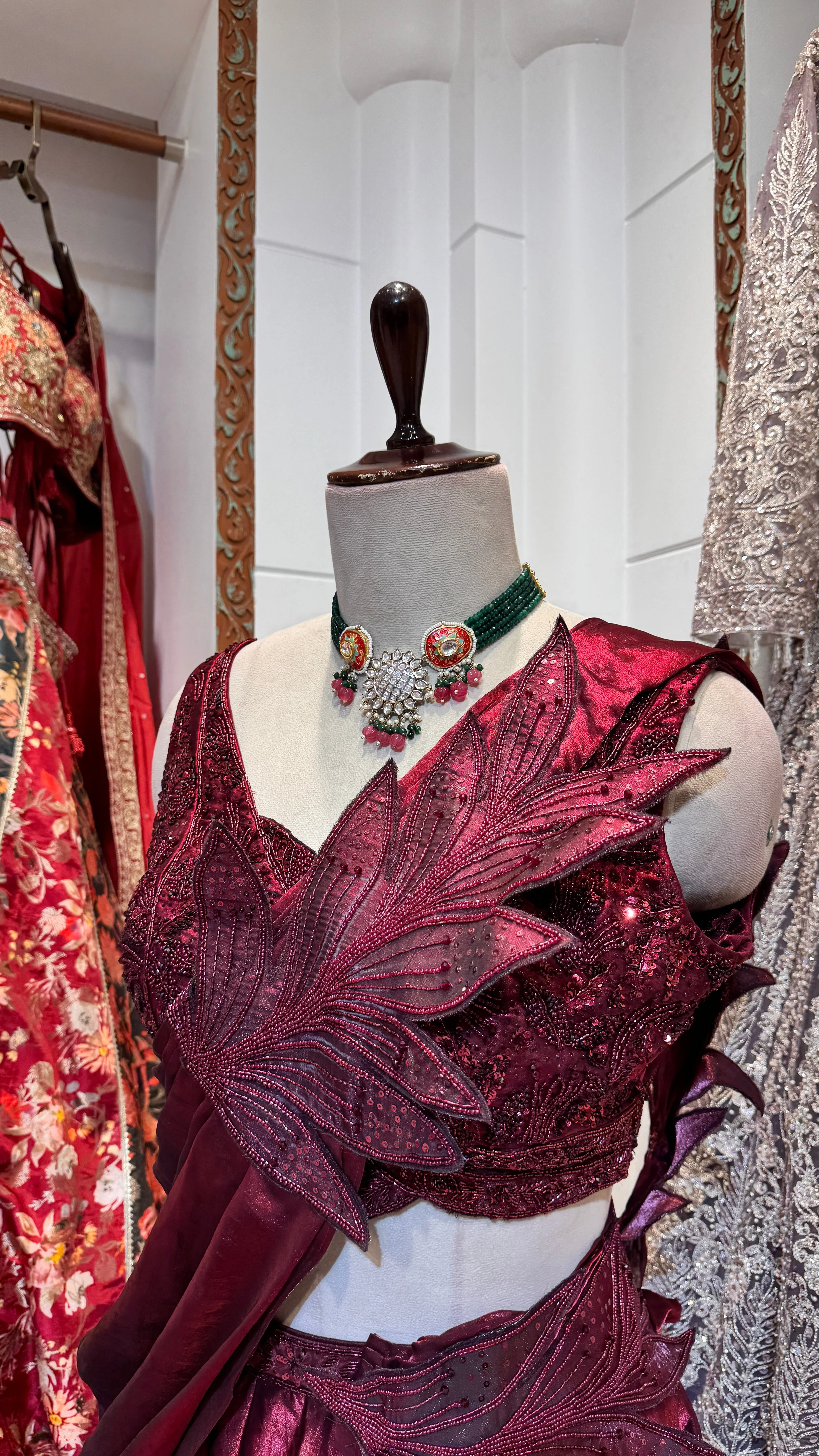 Red Saree Style Lehenga - Image 2