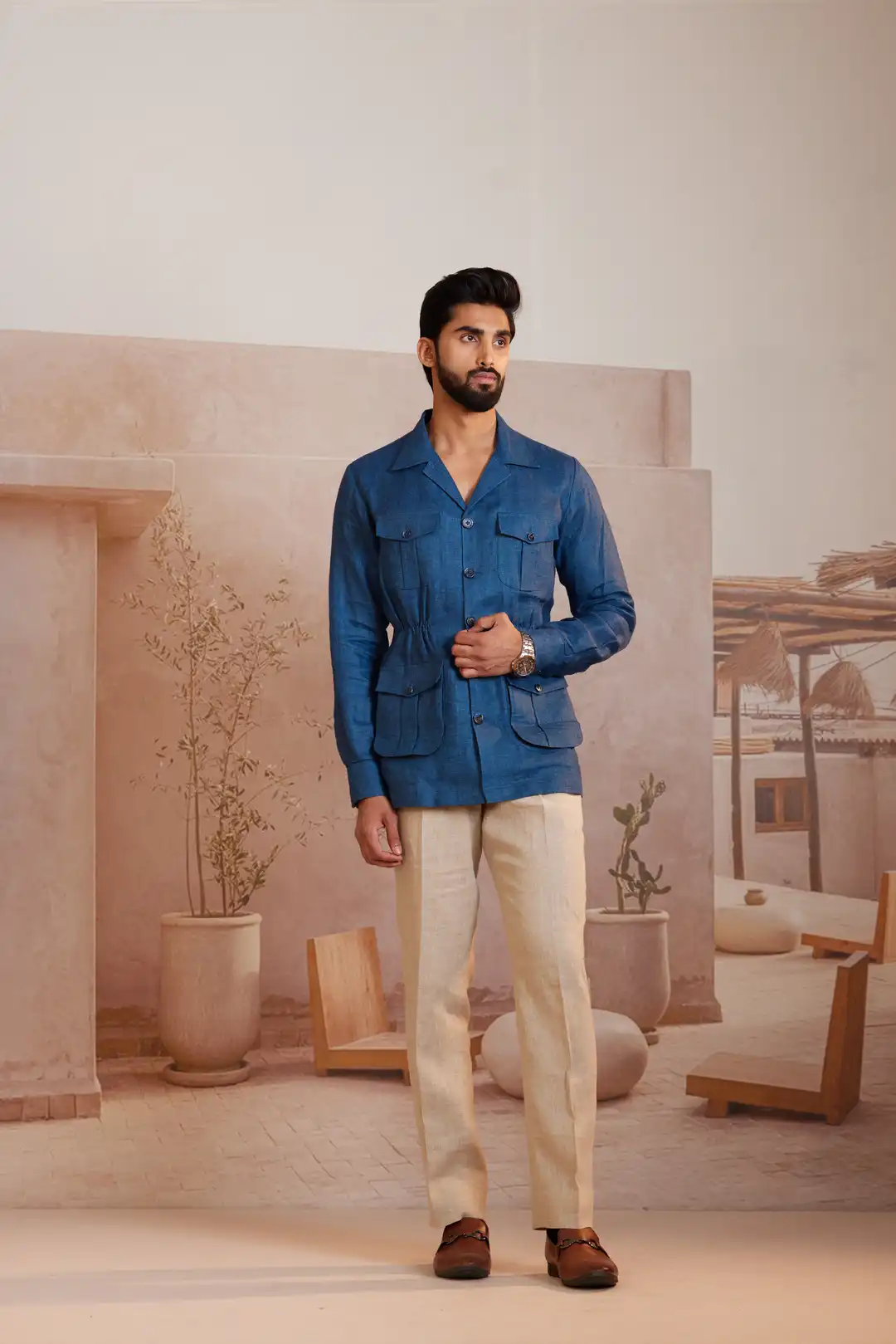 Royal blue Cinched waist linen Safari Jacket