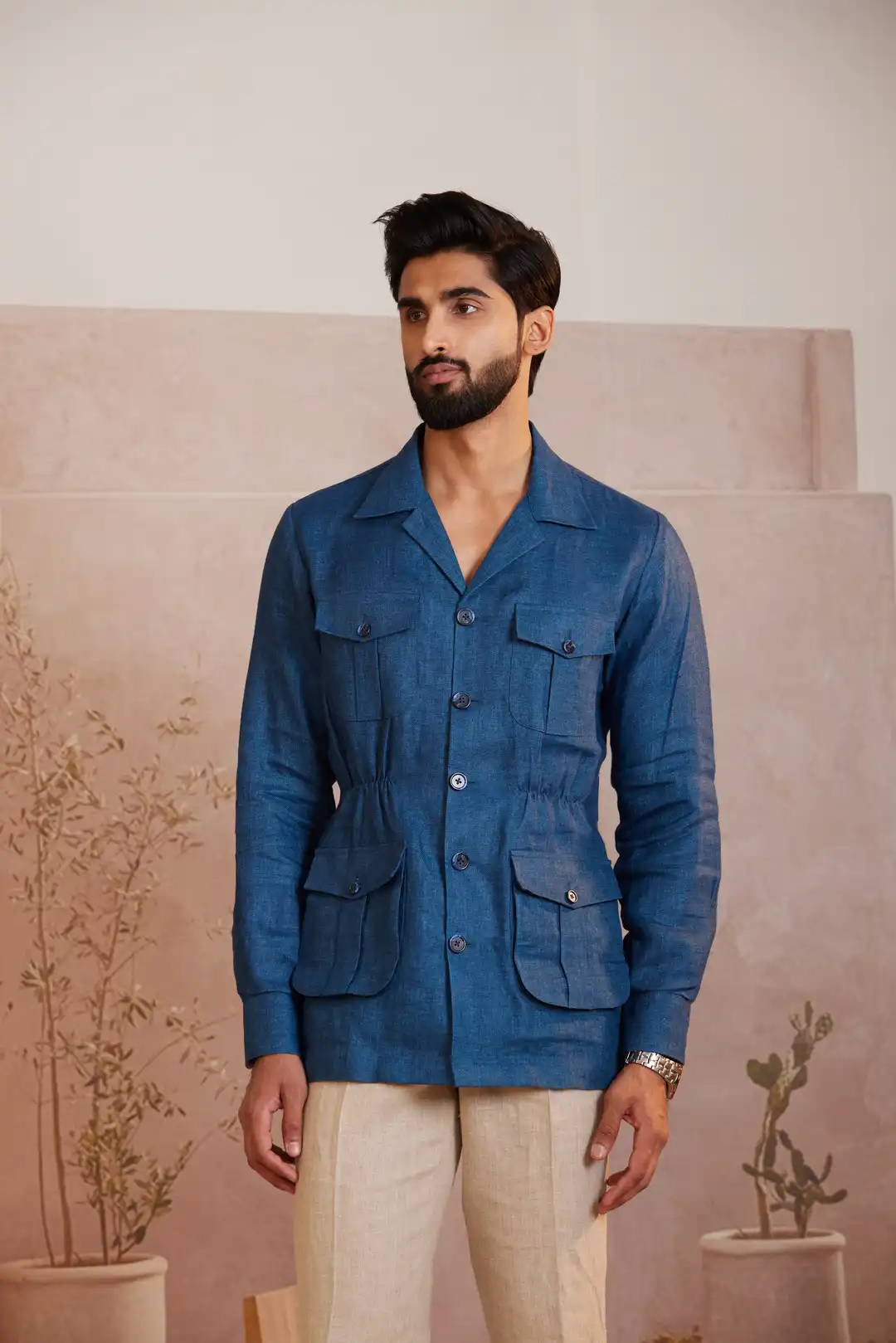 Royal blue Cinched waist linen Safari Jacket - Image 2