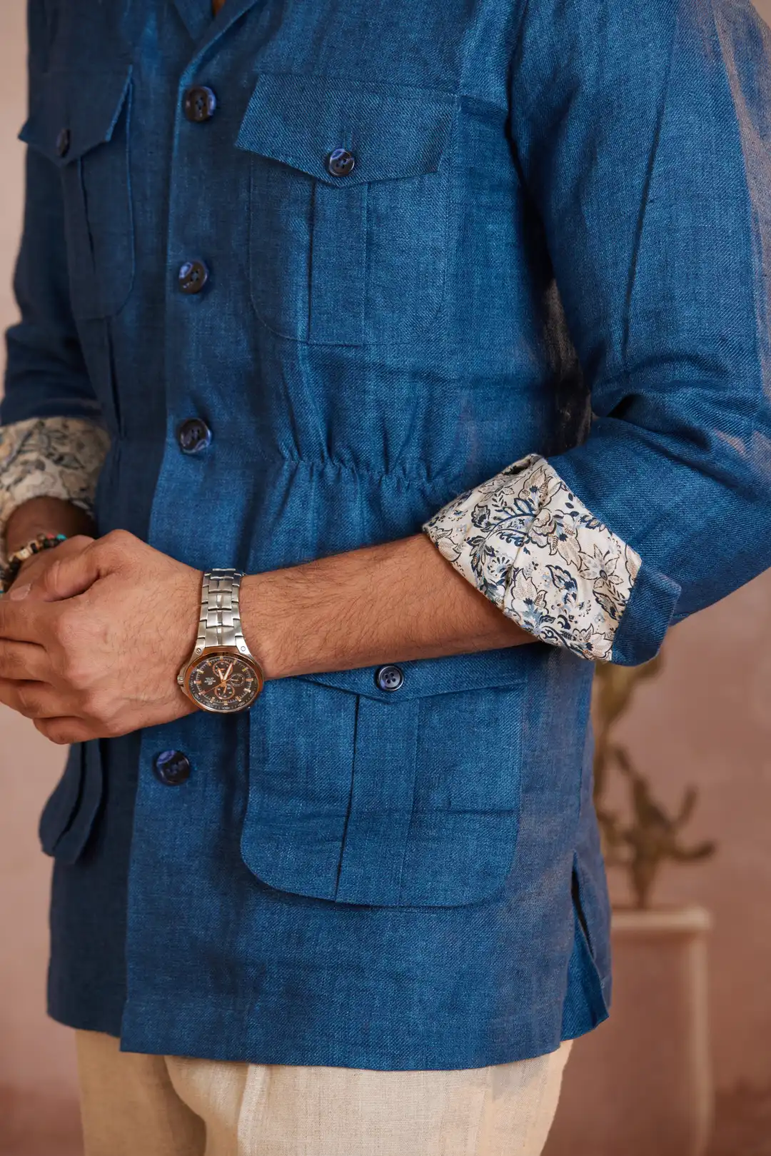 Royal blue Cinched waist linen Safari Jacket - Image 6