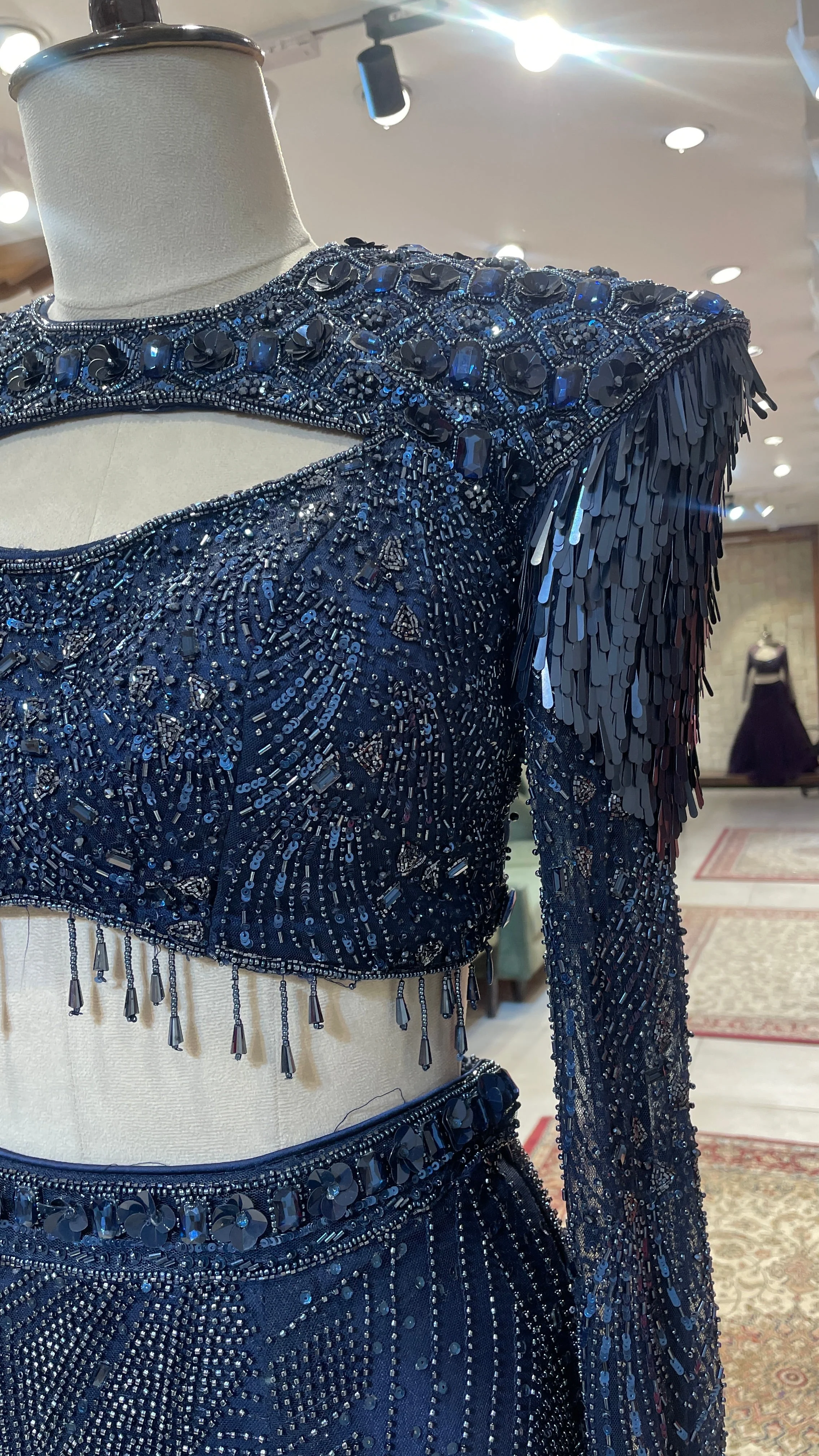 Royal Blue Net Slit Lehenga - Image 3