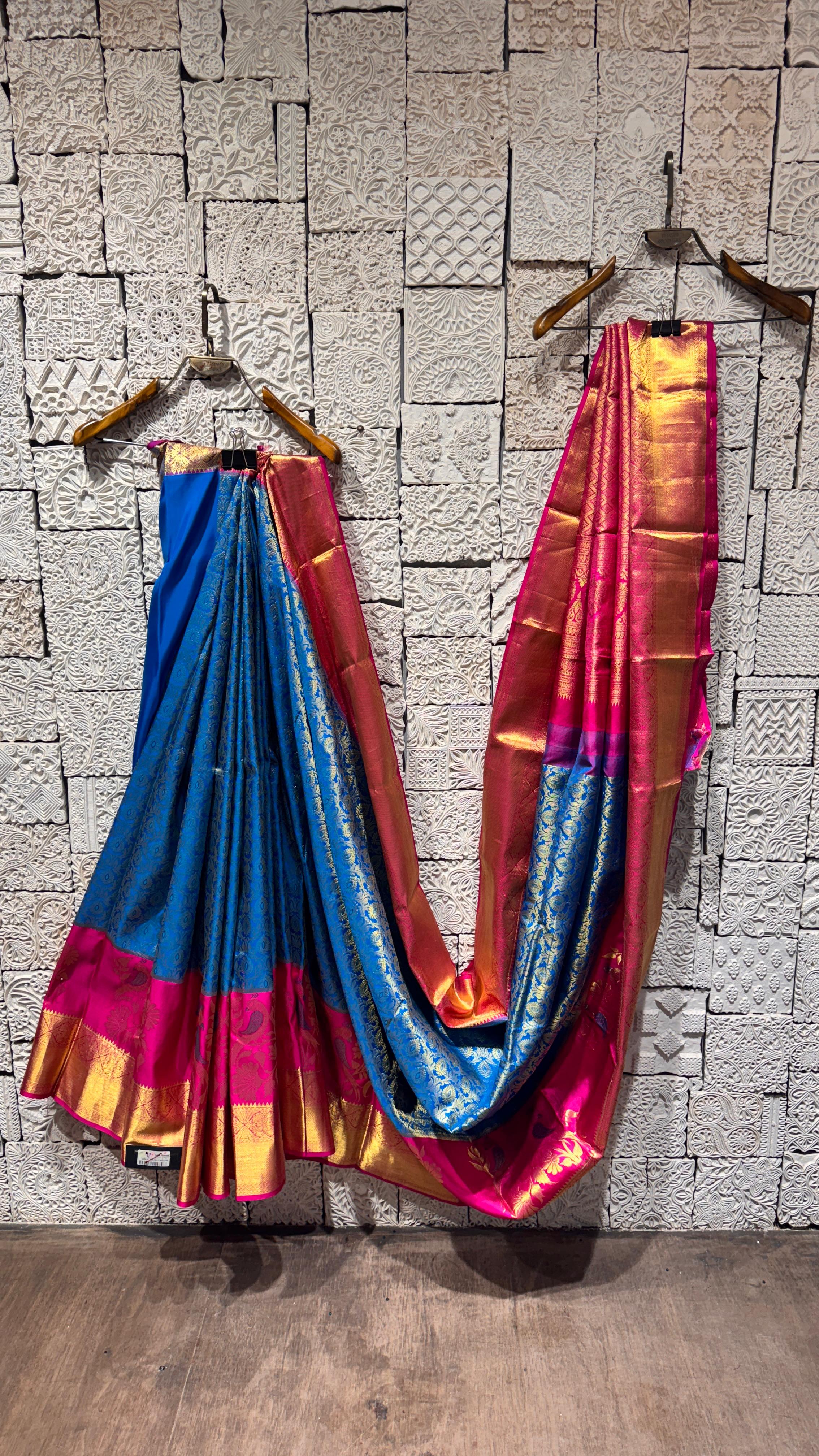 Royal Blue Kanjivaram Silk Saree with Pink and Gold Zari Border