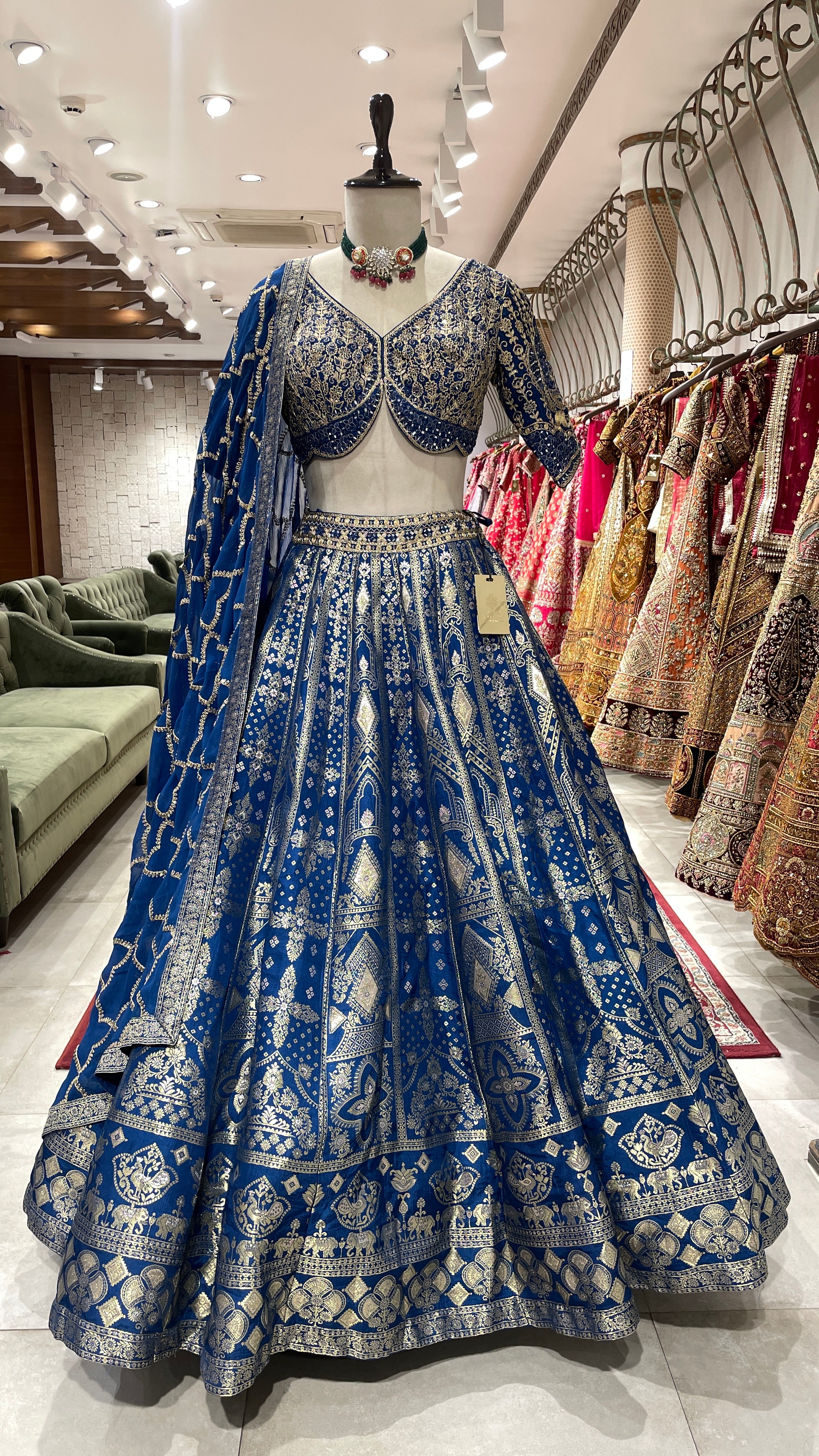 Royal Blue Silk Lehenga with Gold Detailing & Dupatta