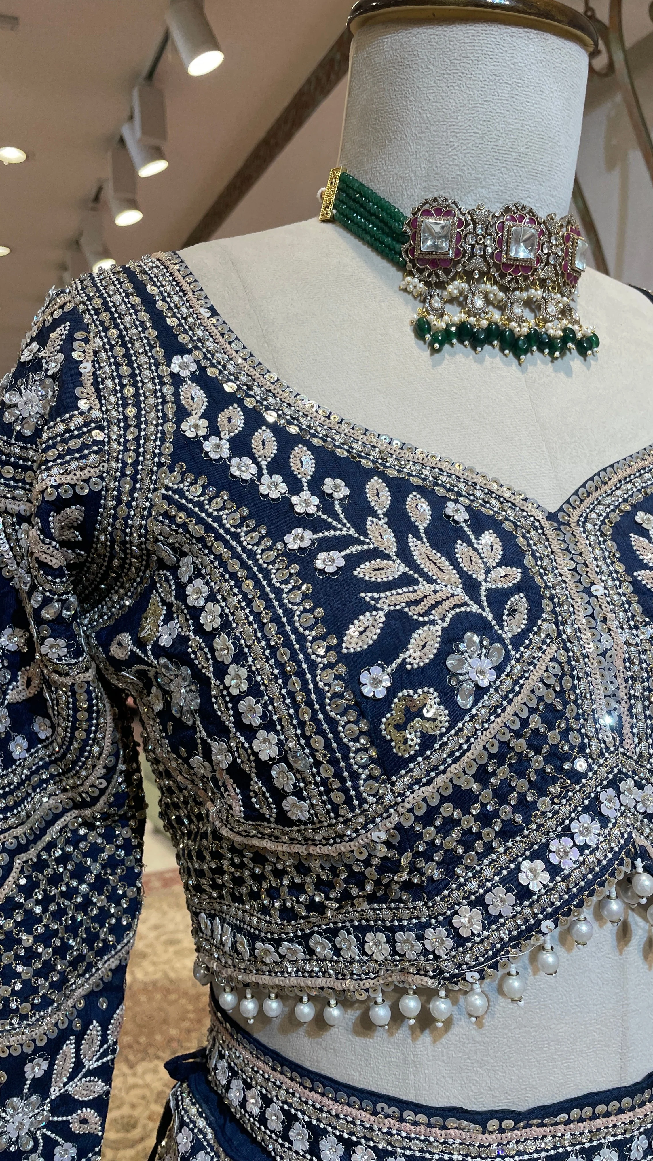 Royal Blue Silk Lehenga with Sequins & Floral Motifs - Image 2