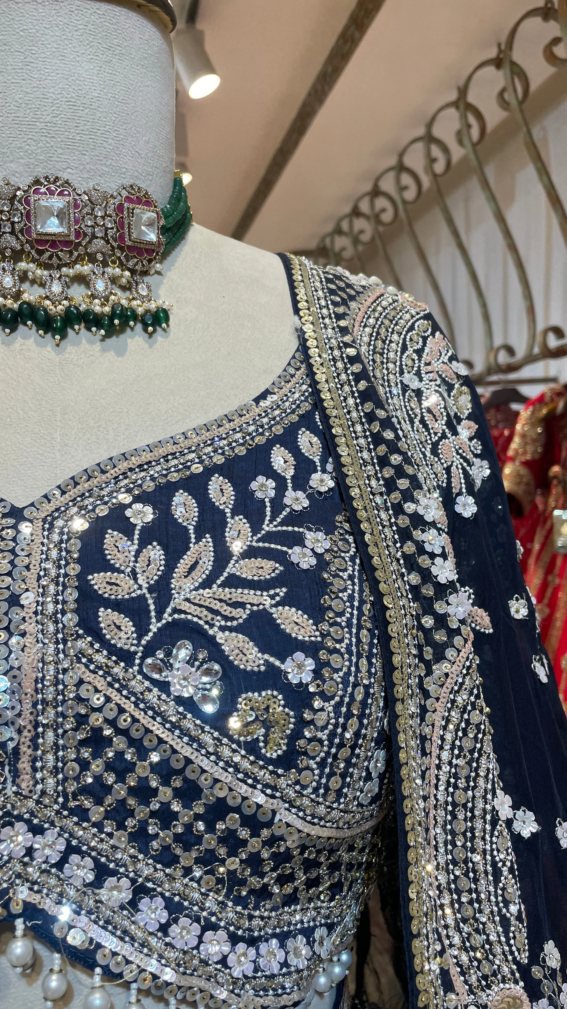 Royal Blue Silk Lehenga with Sequins & Floral Motifs - Image 3