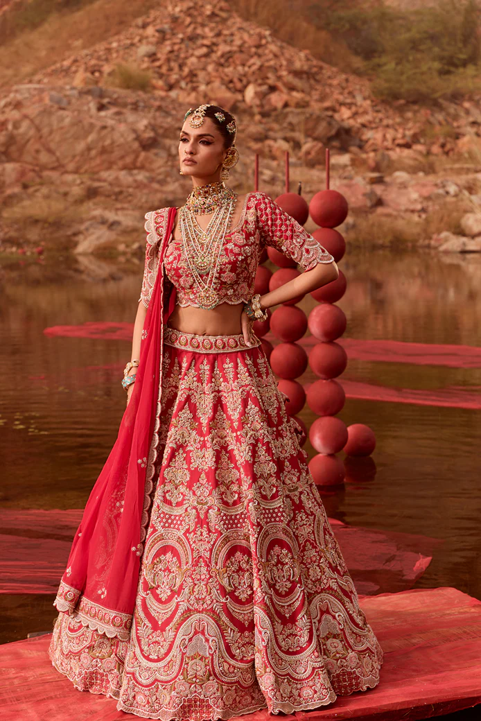 Raw Silk Red Bridal Lehenga with Scallop Dupatta - Image 3
