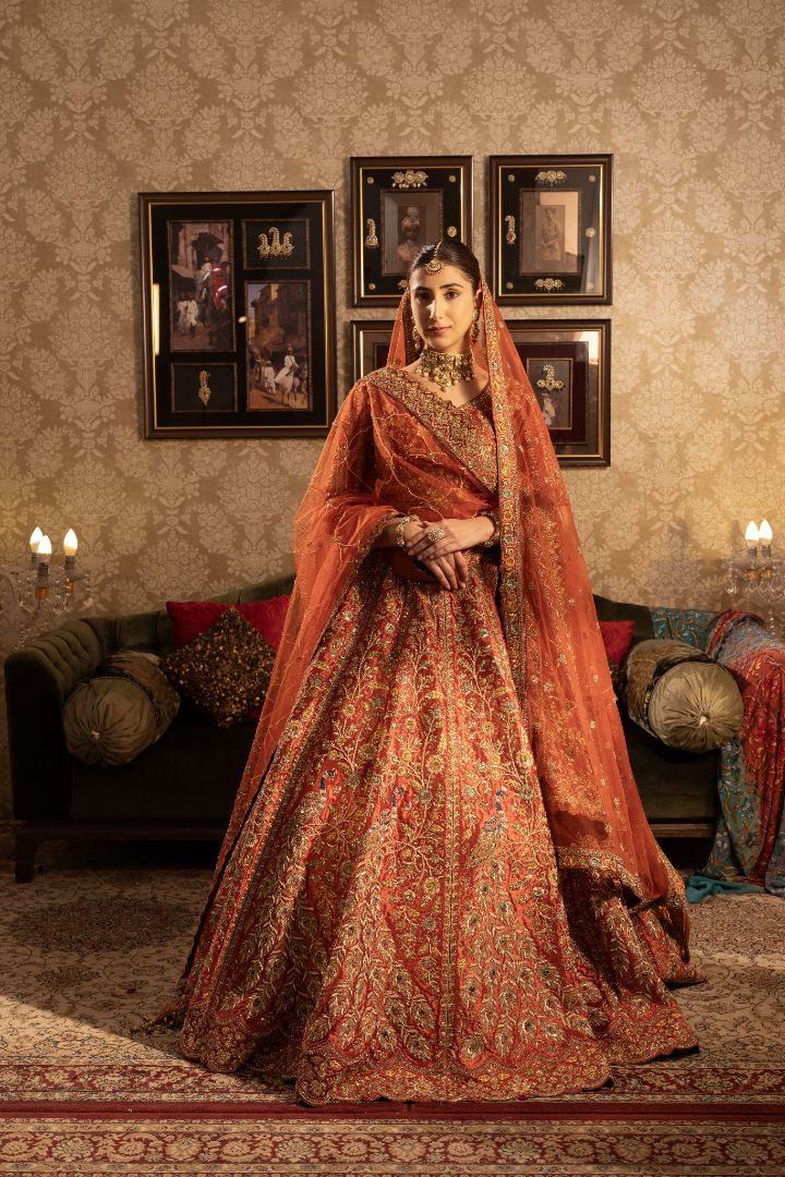 Rust velvet Bridal lehenga with peacock motifs & multicoloured embroidery