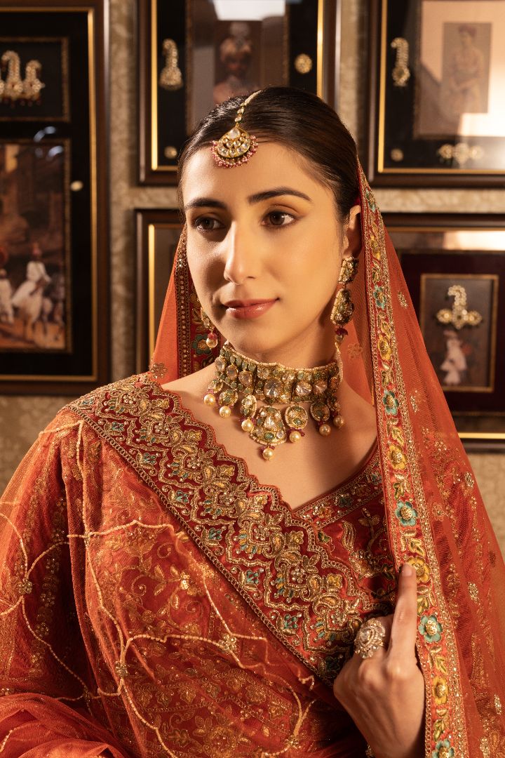 Rust velvet Bridal lehenga with peacock motifs & multicoloured embroidery - Image 2