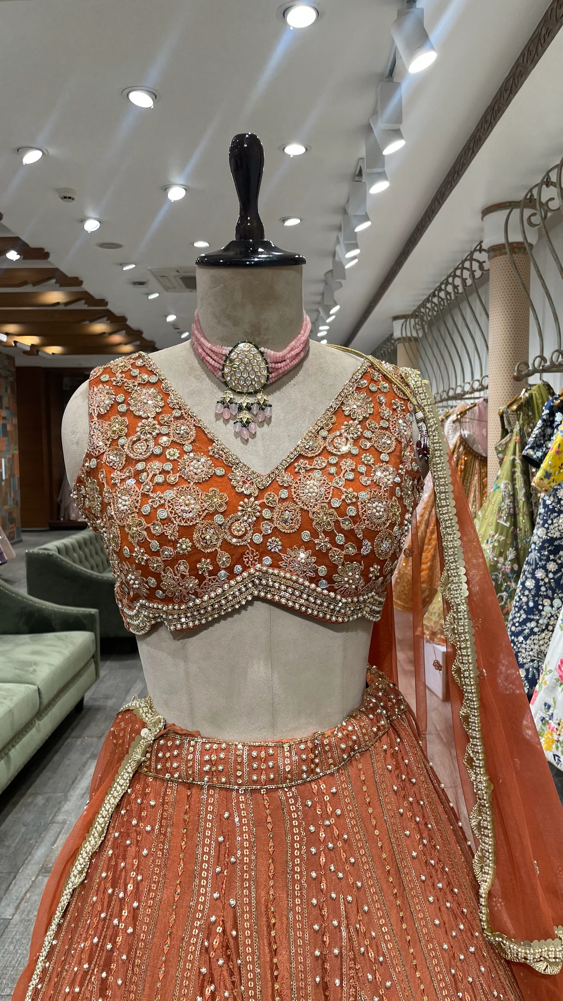 Rust Chinon Lehenga with Pearl Sequins & Pot Embellishments - Image 3
