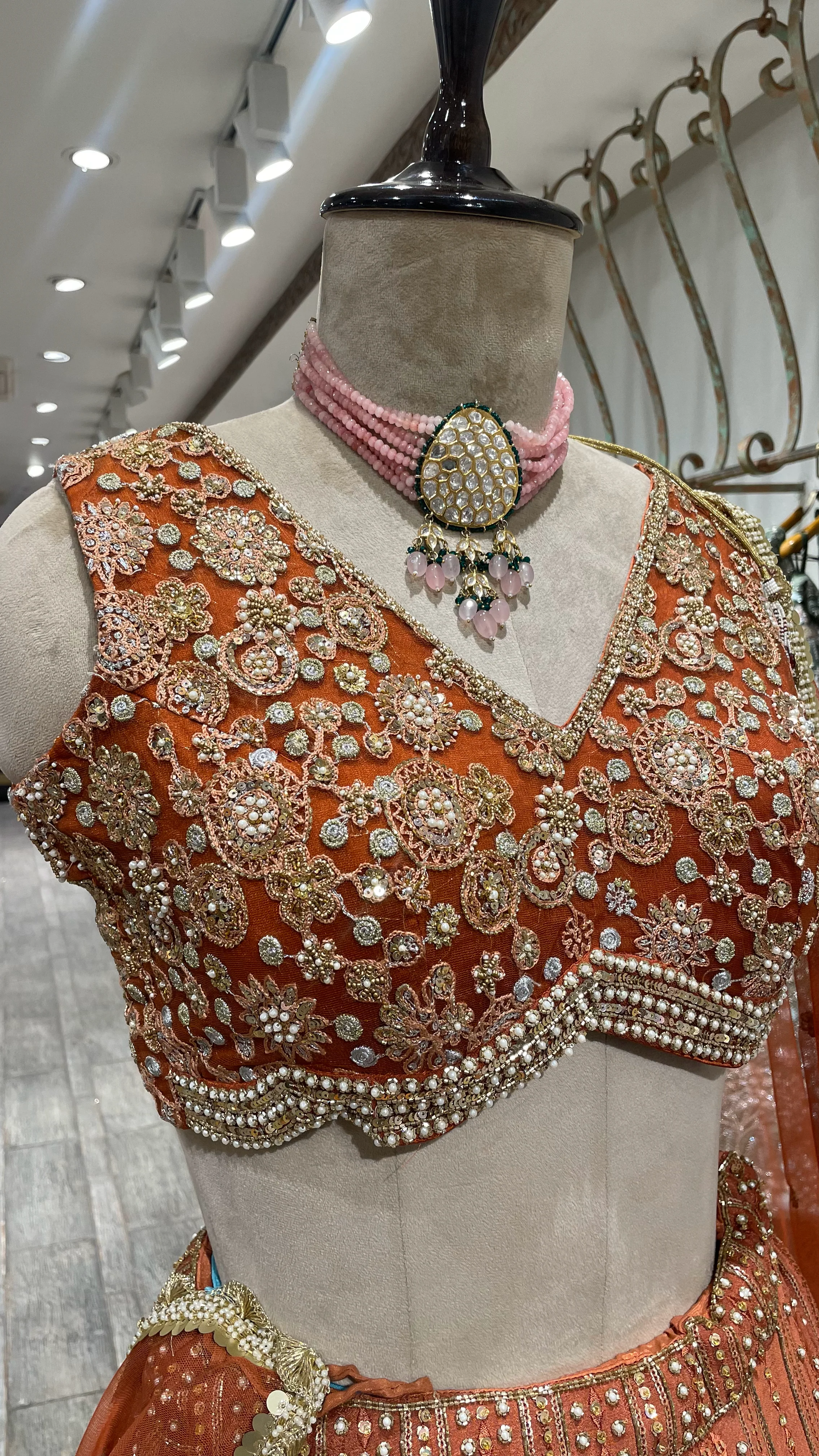 Rust Chinon Lehenga with Pearl Sequins & Pot Embellishments - Image 4