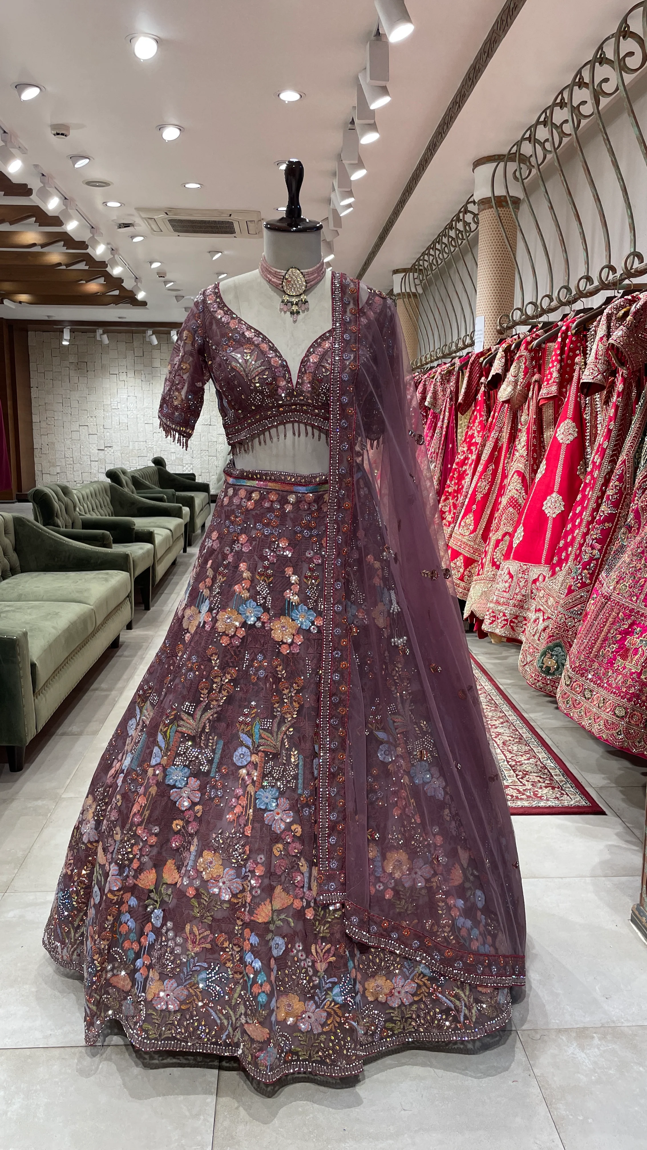 Rust Lehenga with Multicolour Thread & Sequins Work