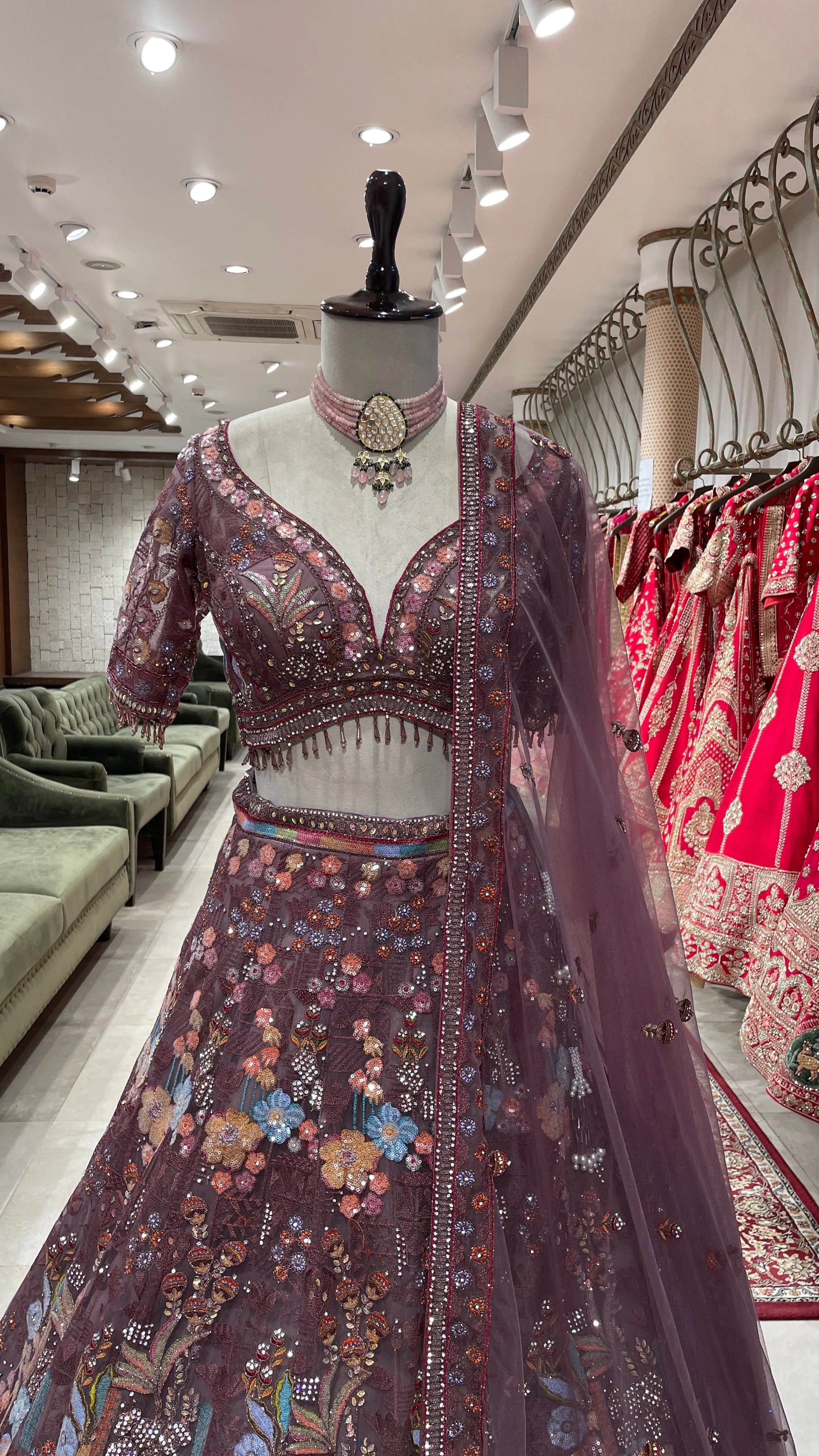 Rust Lehenga with Multicolour Thread & Sequins Work - Image 2