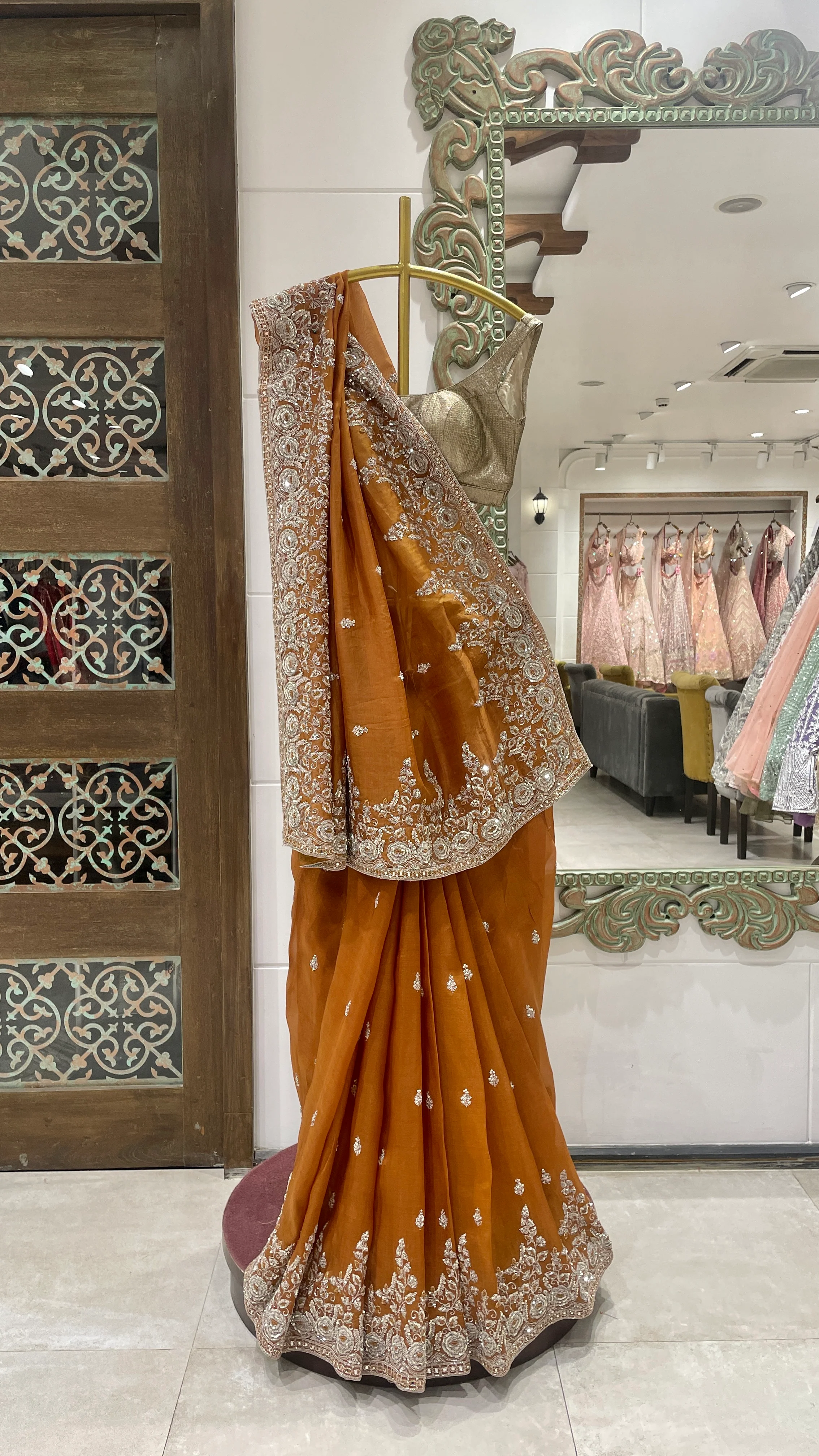 Rust Orange Saree with Silver Floral Embroidered Border