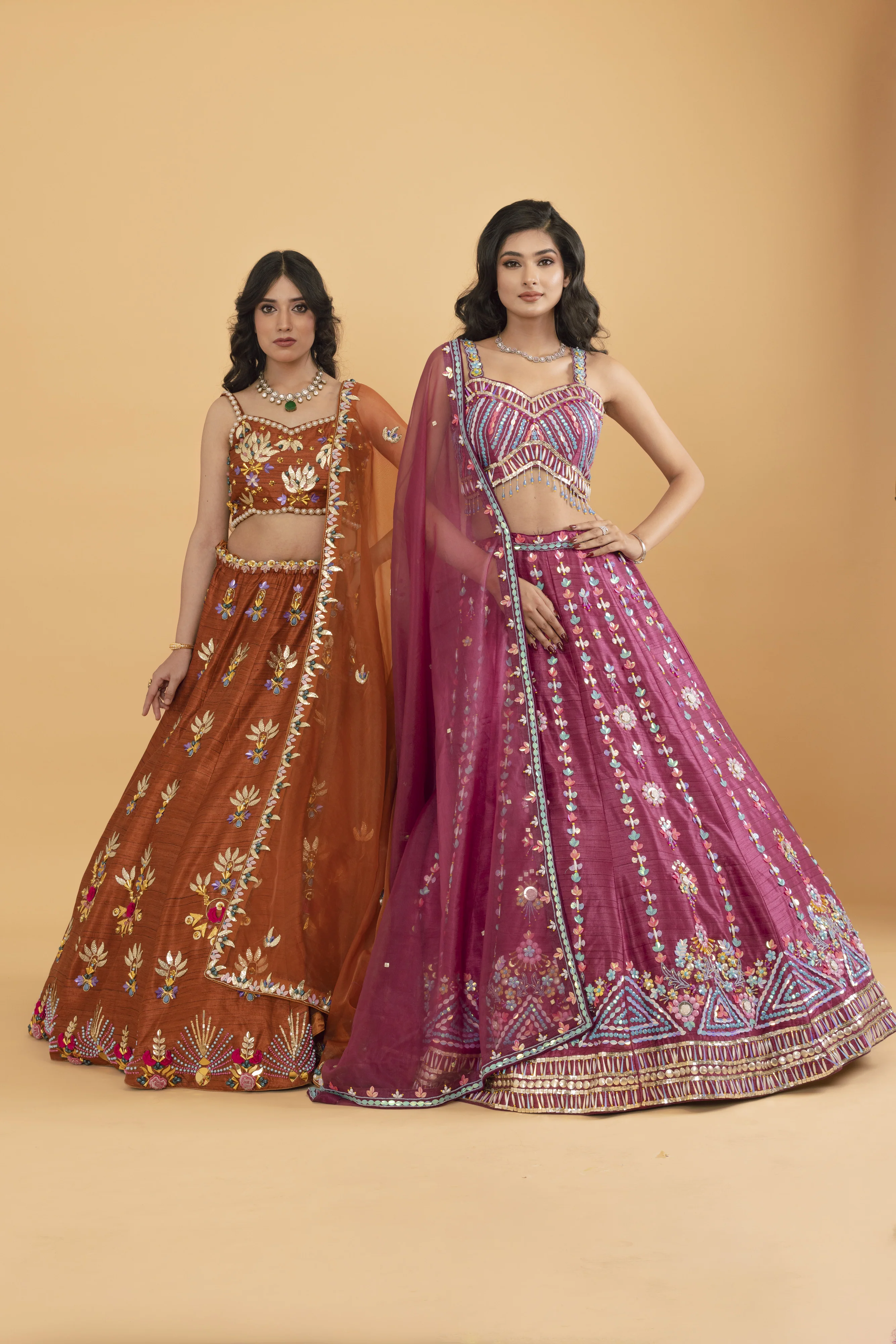Rust Silk Lehenga with Multicolour Sequins - Image 4