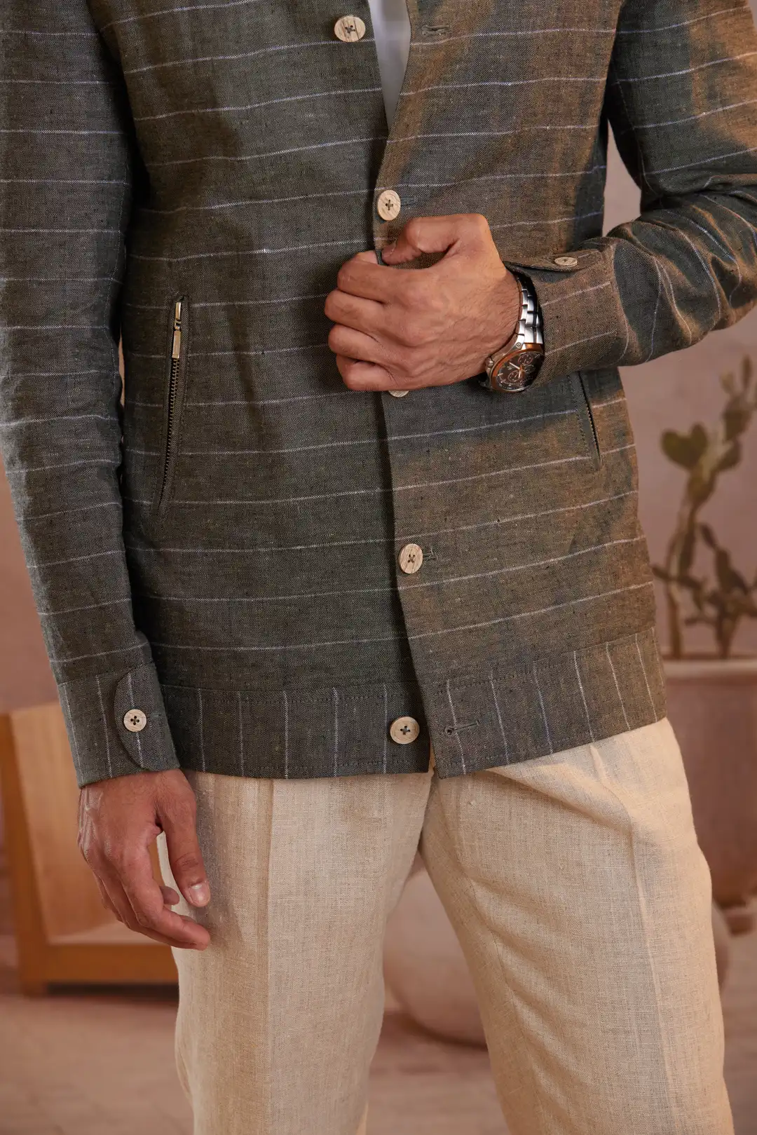Sage green striped summer Linen Jacket - Image 4
