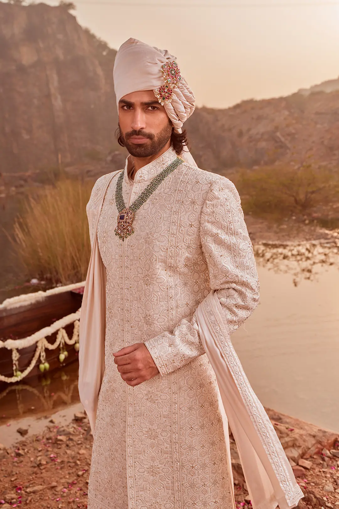 Off White Sherwani Set with Floral Thread Work & Anarkali Kurta - Image 3