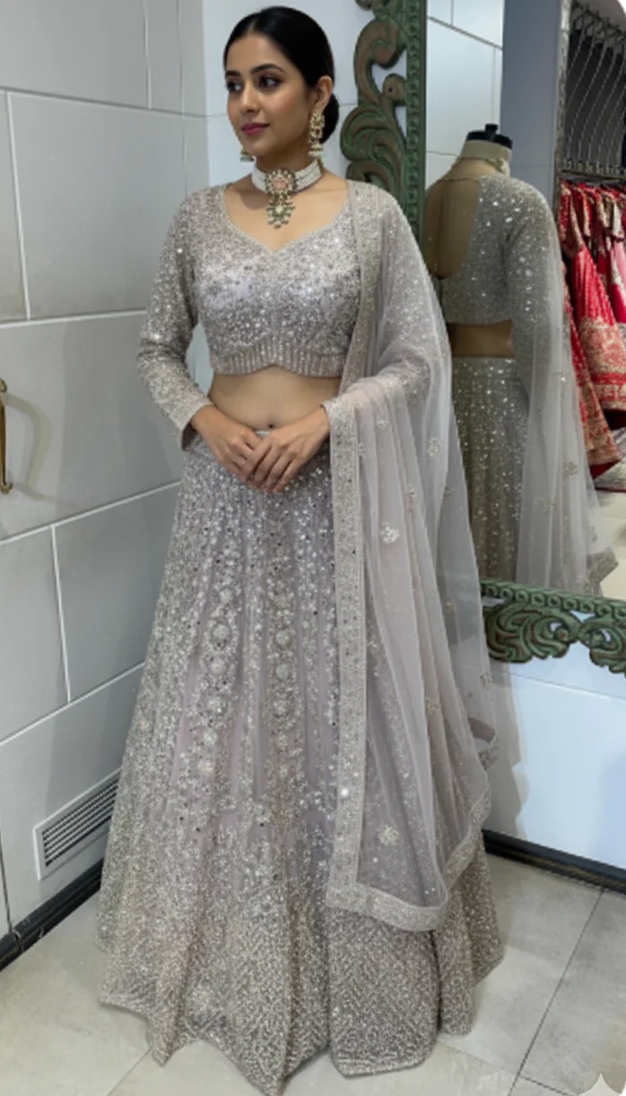 Silver Grey Mirror Work Lehenga