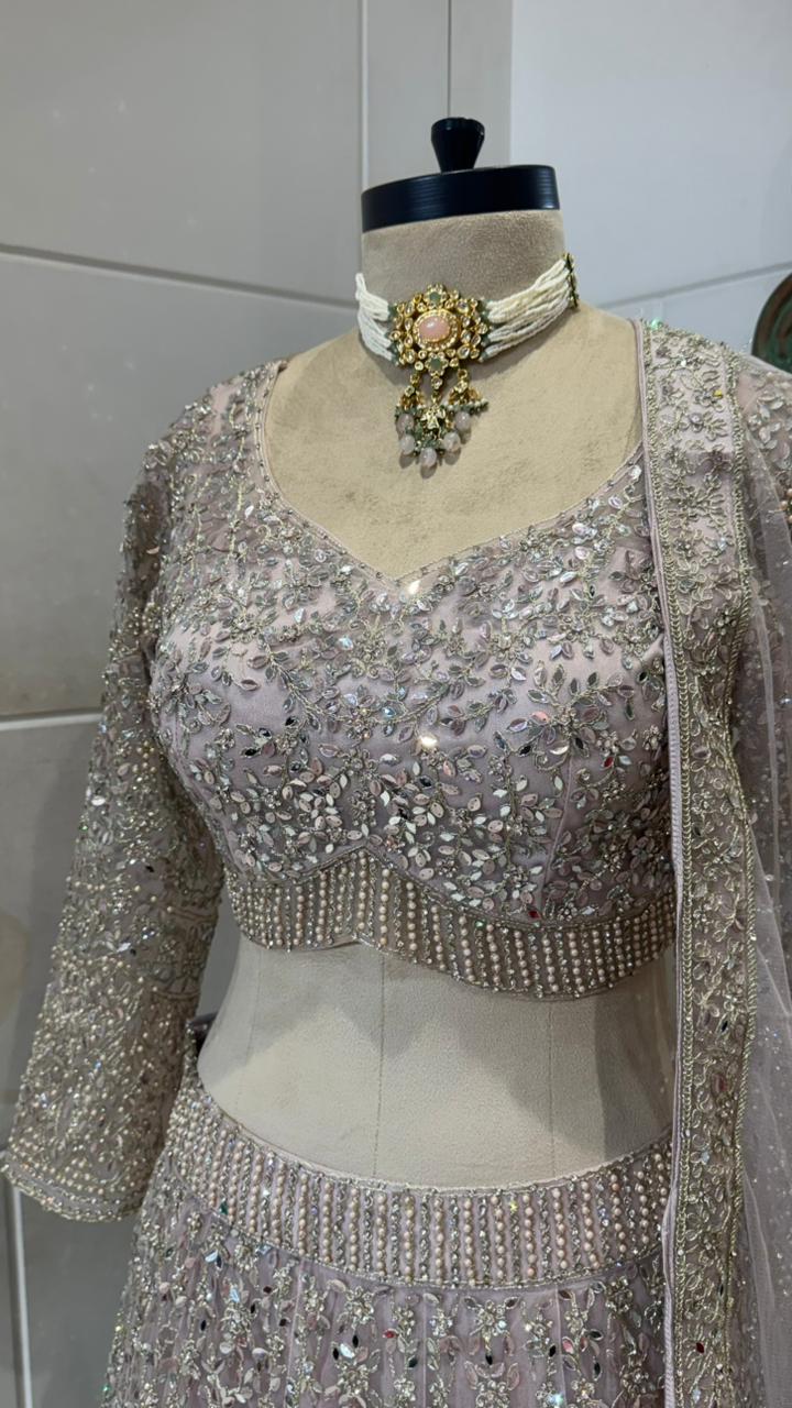Silver Grey Mirror Work Lehenga - Image 3