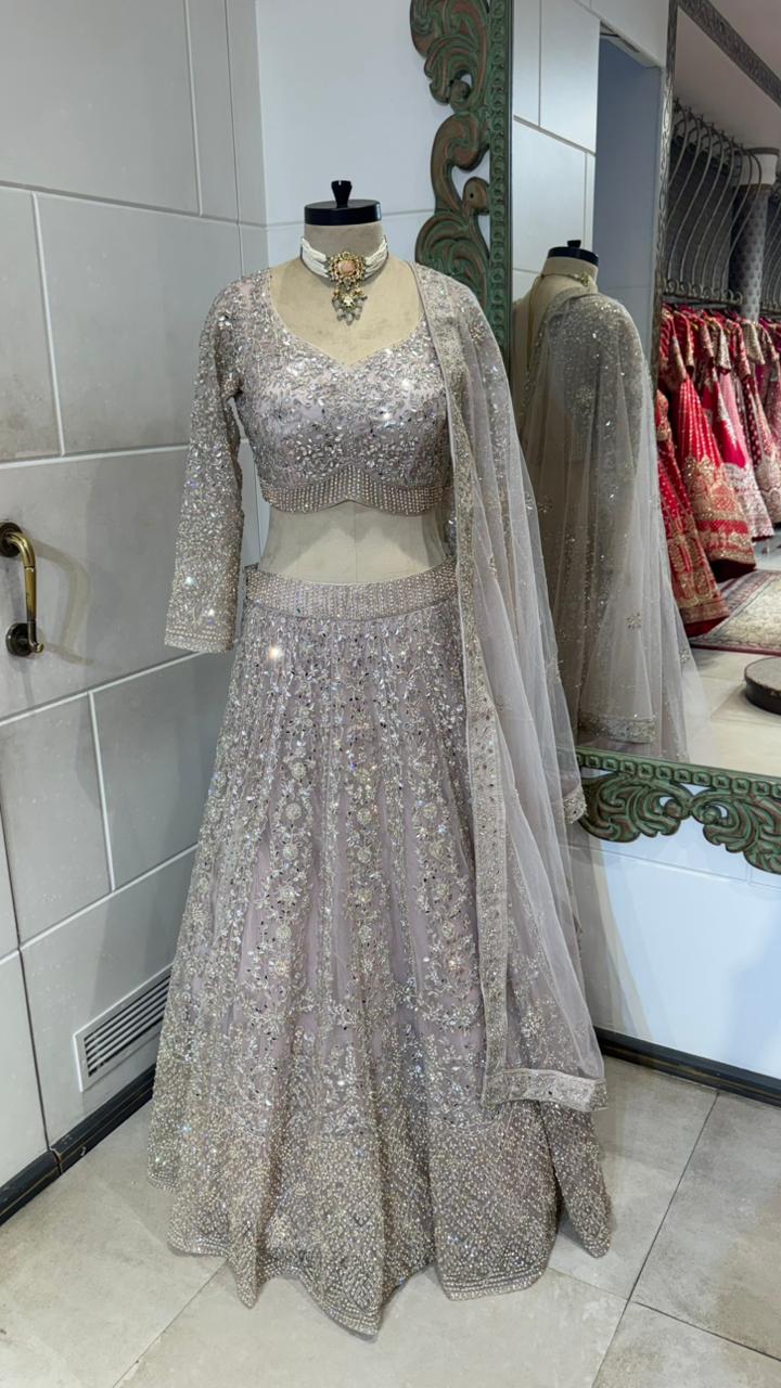 Silver Grey Mirror Work Lehenga - Image 4