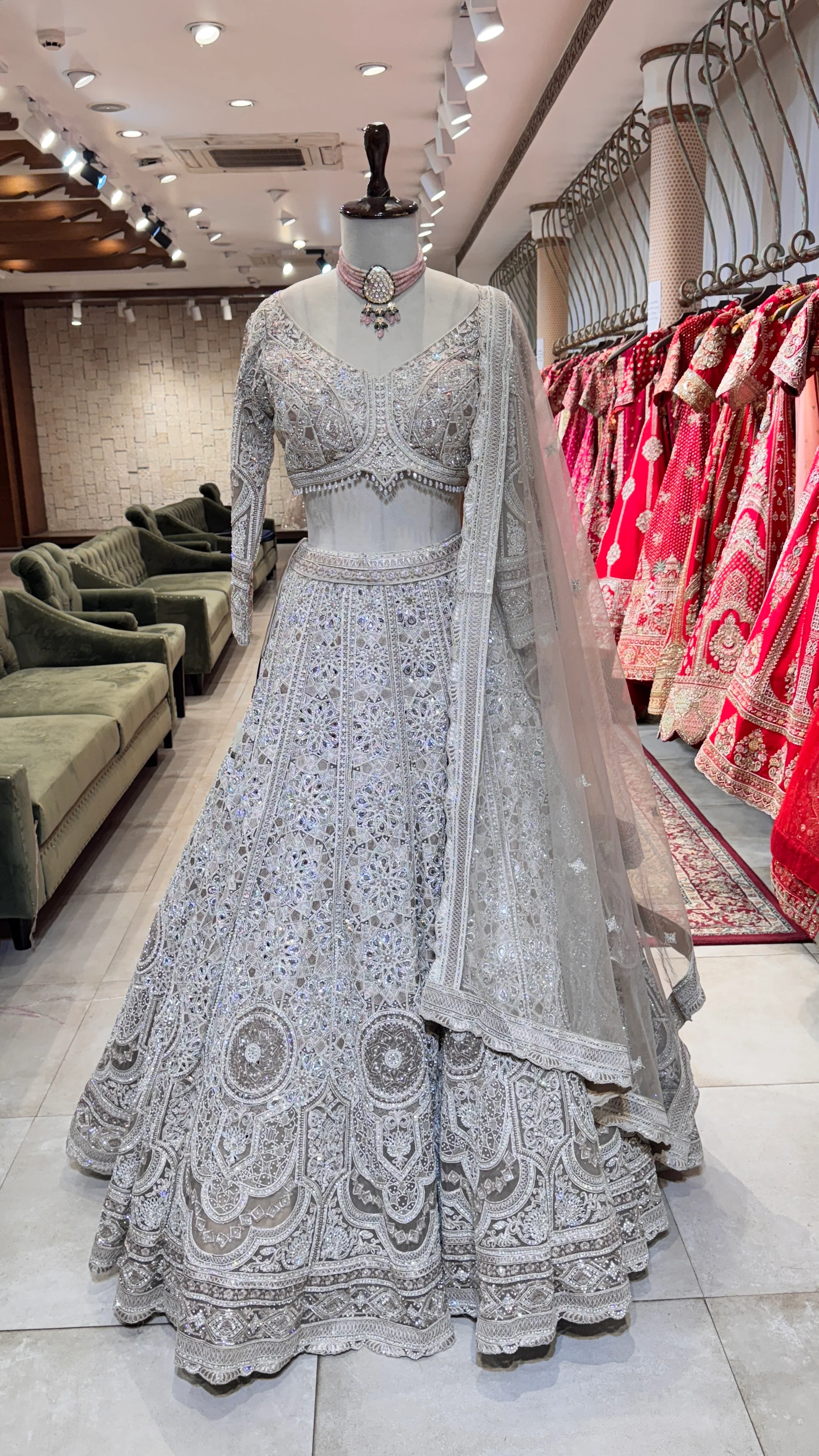 Silver Lehenga with Mirror & Stonework