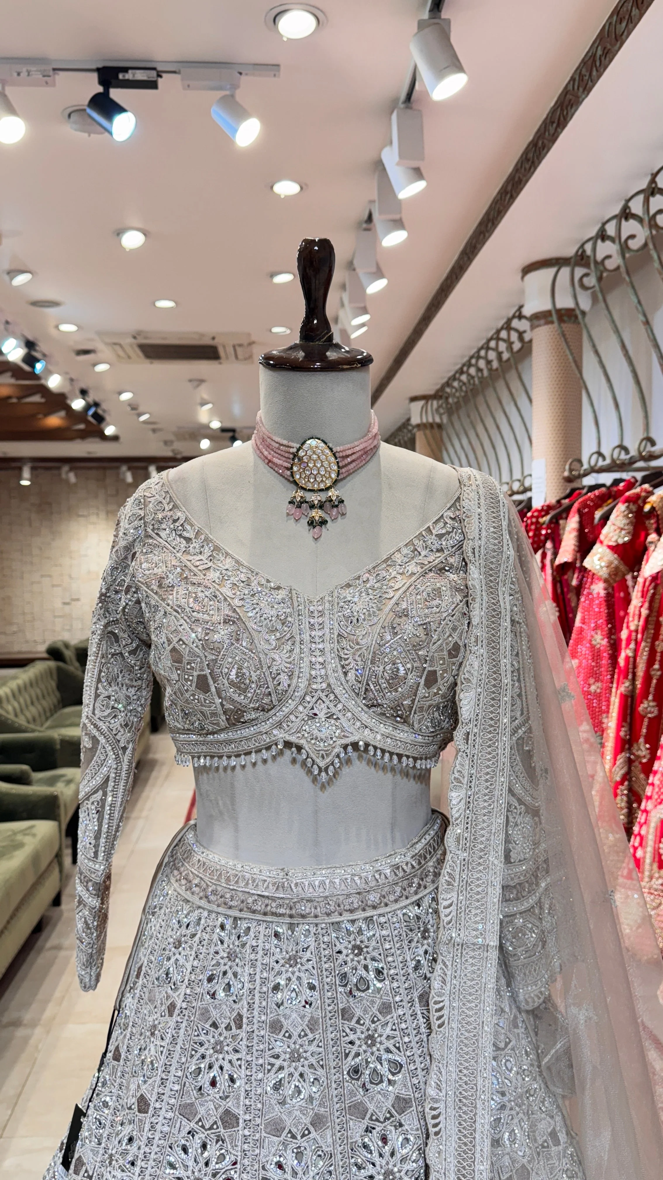 Silver Lehenga with Mirror & Stonework - Image 2