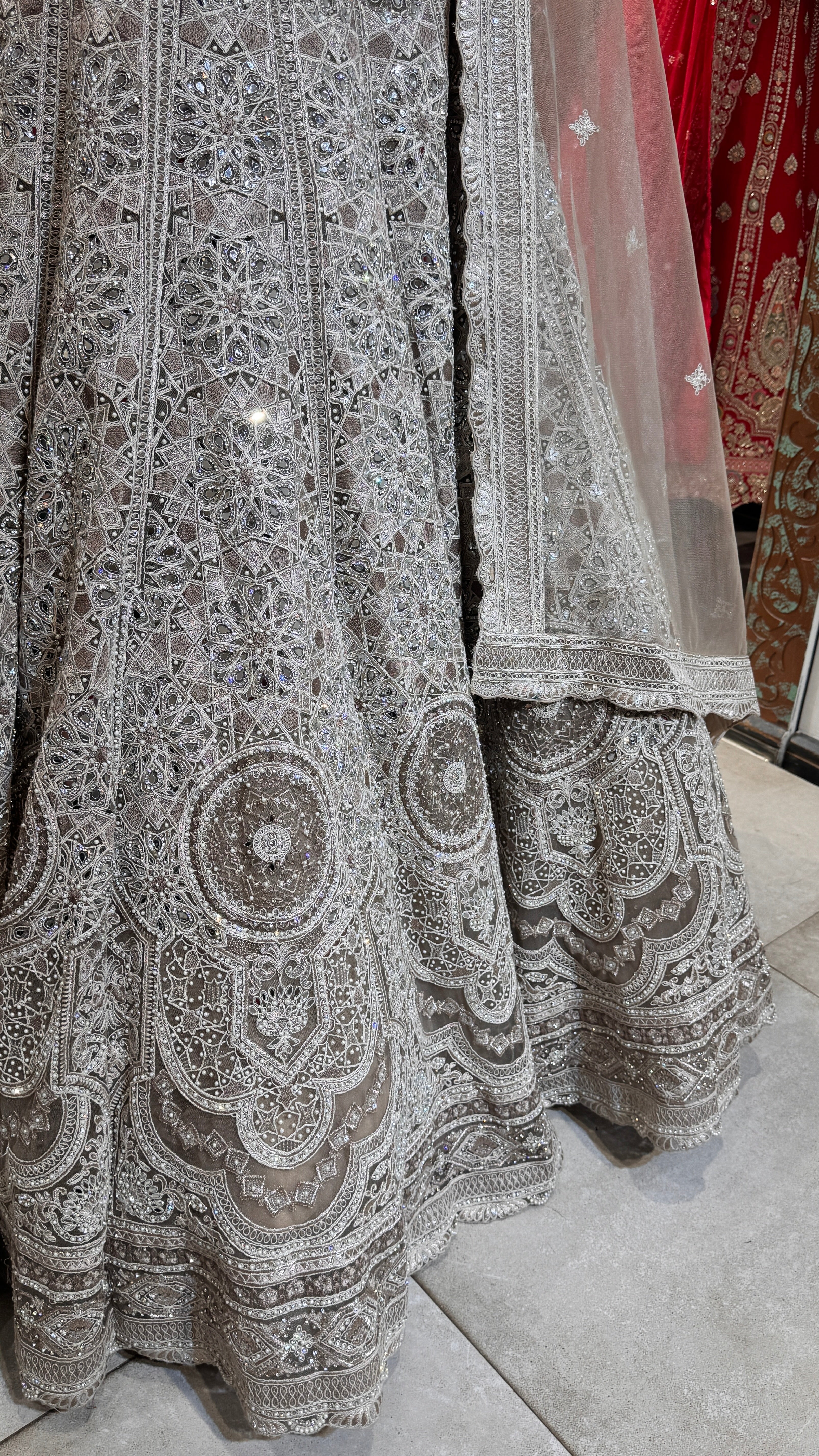 Silver Lehenga with Mirror & Stonework - Image 3