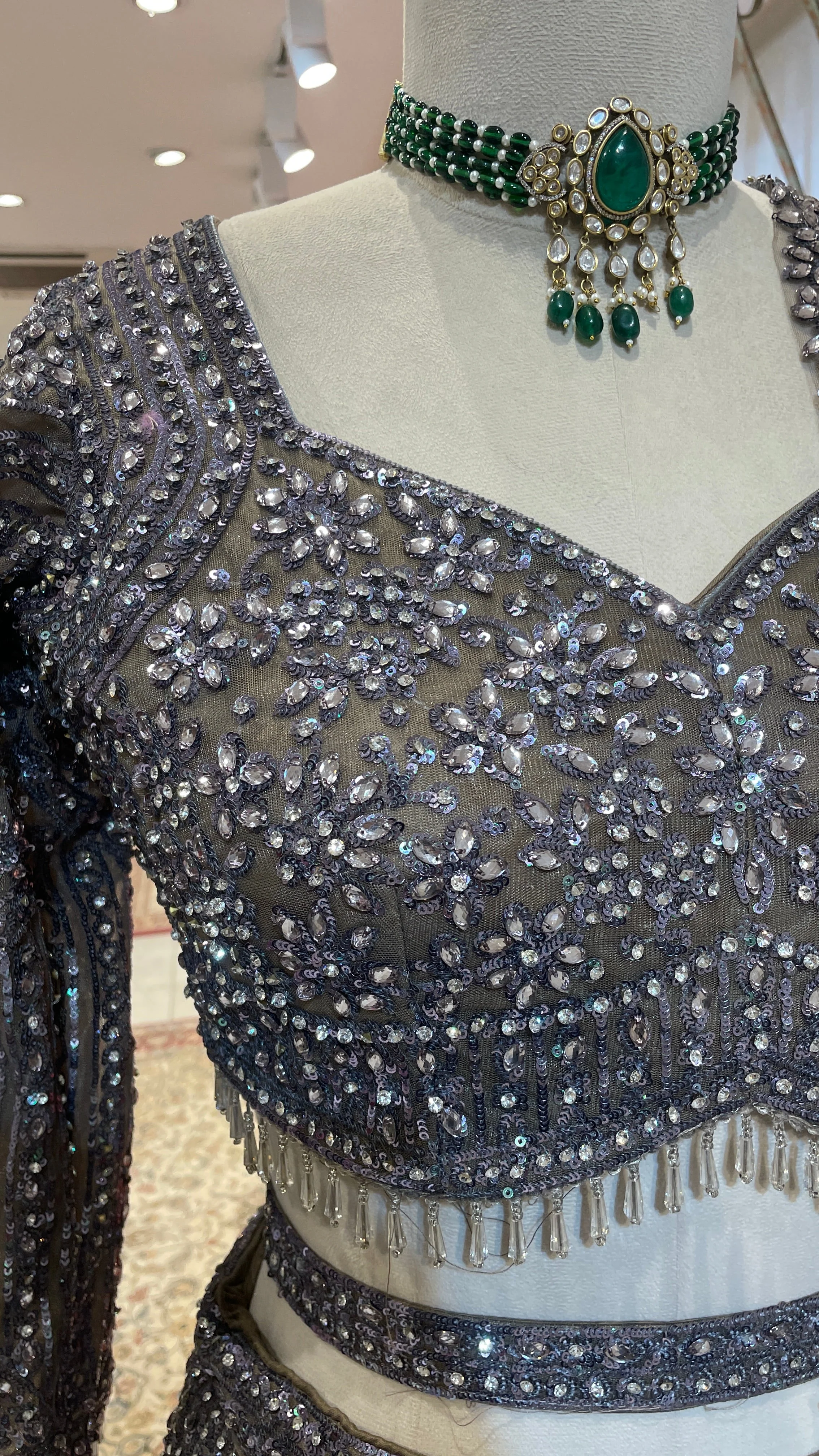 Silver Net Lehenga with Sequins & Bead Embellishments - Image 3