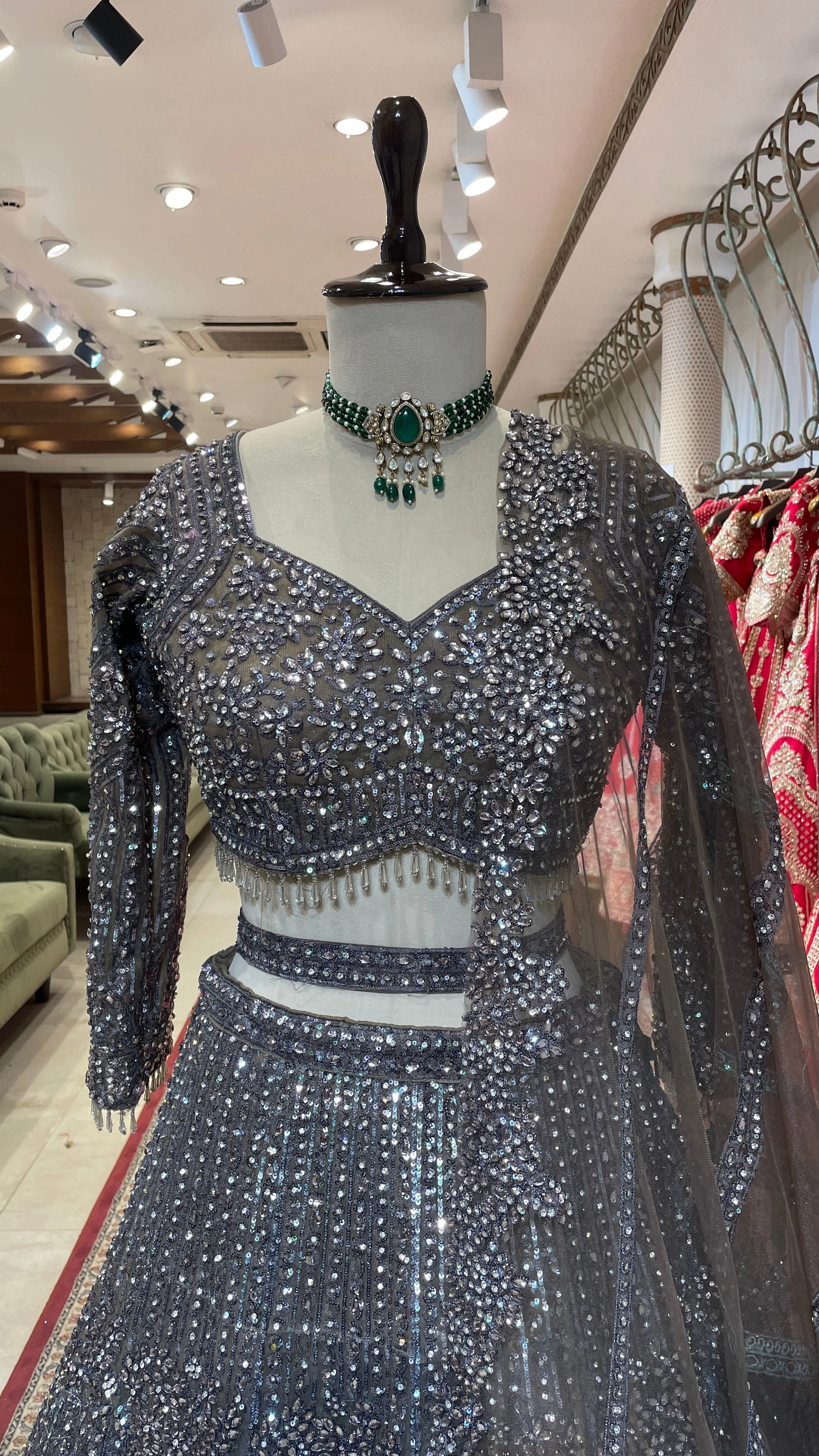 Silver Net Lehenga with Sequins & Bead Embellishments - Image 5