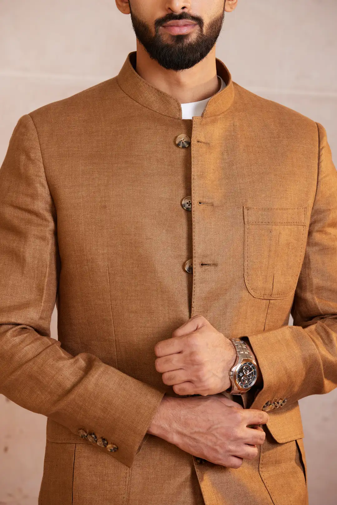 Tan Tailored Linen Bandgala with flap pockets - Image 3