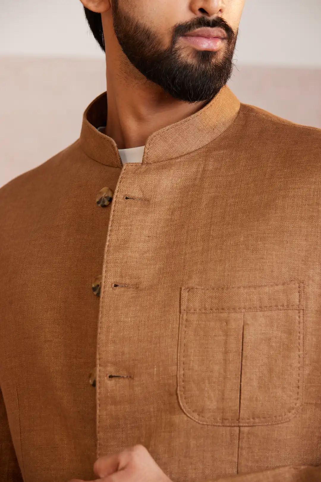 Tan Tailored Linen Bandgala with flap pockets - Image 4