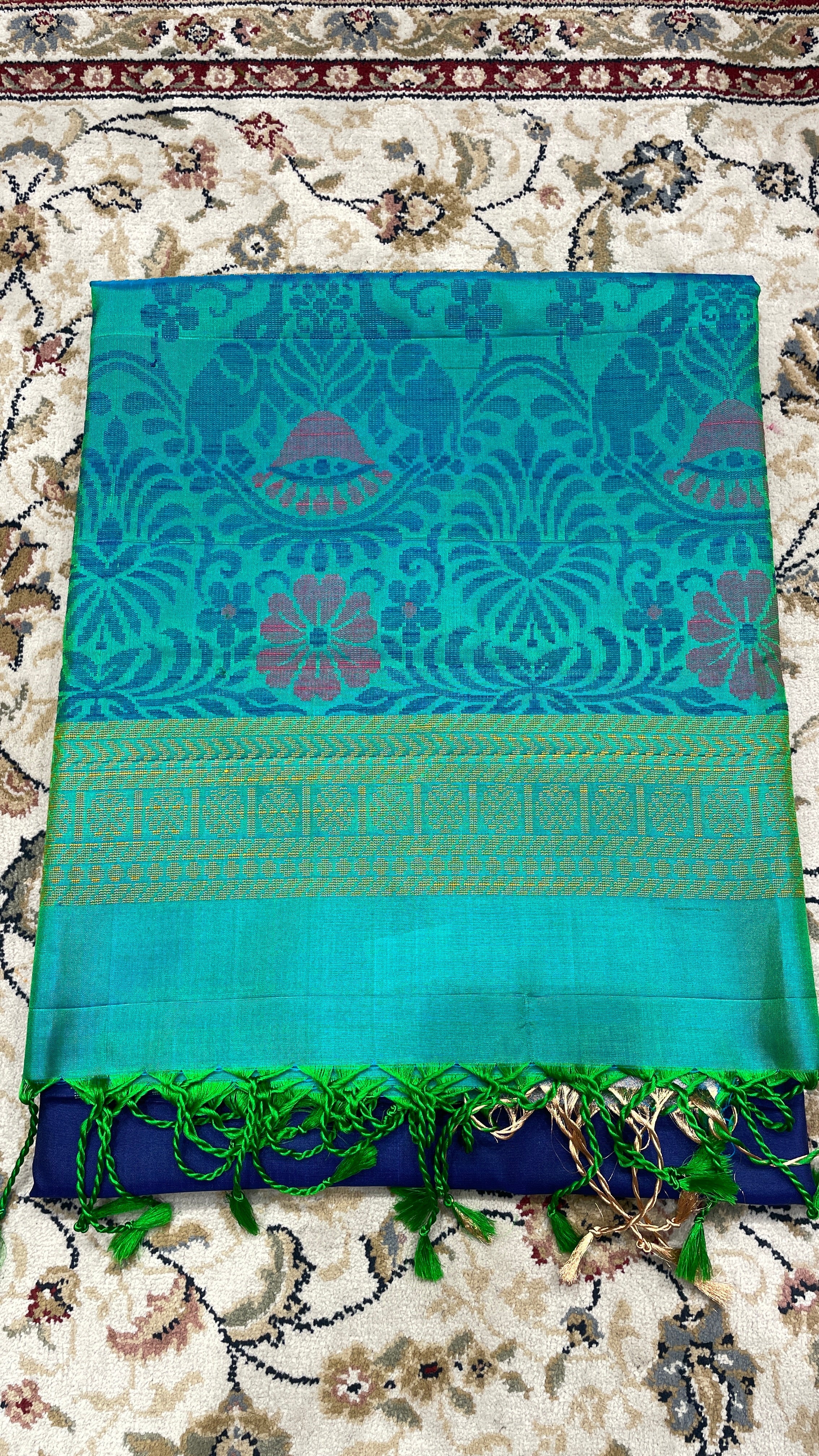 Teal Blue Banarasi Silk Saree with Green Zari Weaving