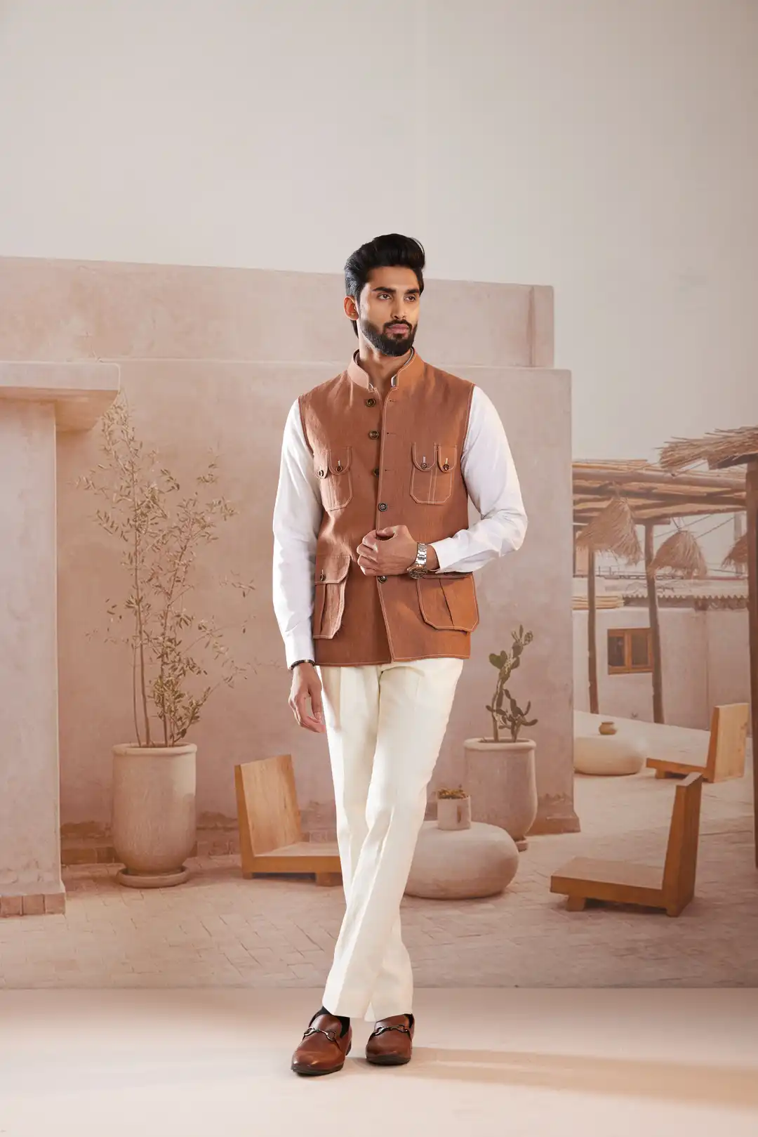 Terracotta Four Pocket Linen Sadri